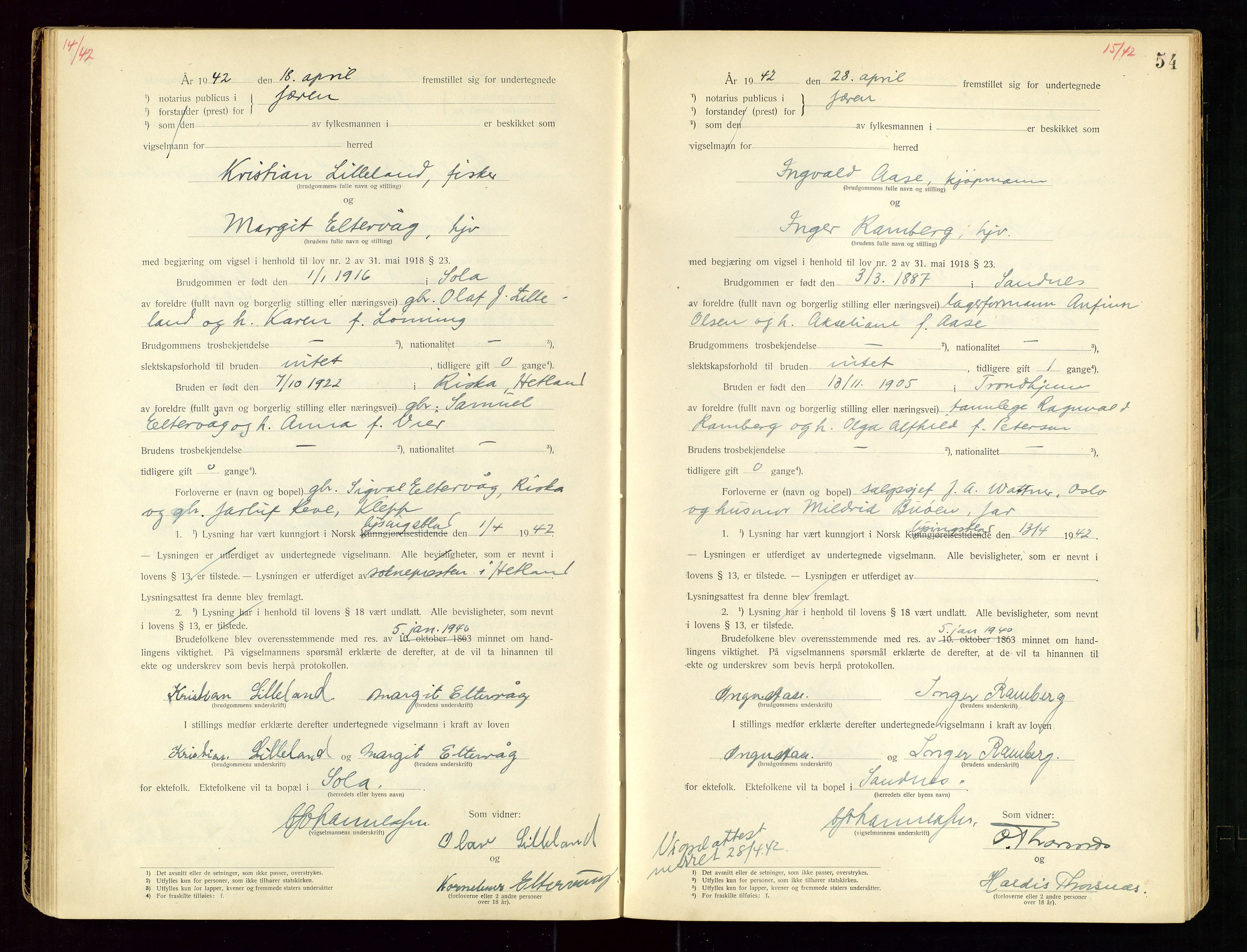 Jæren sorenskriveri, AV/SAST-A-100310/01/6/62/62BA/L0002: VIGSELSPROTOKOLL, 1937-1942, p. 54