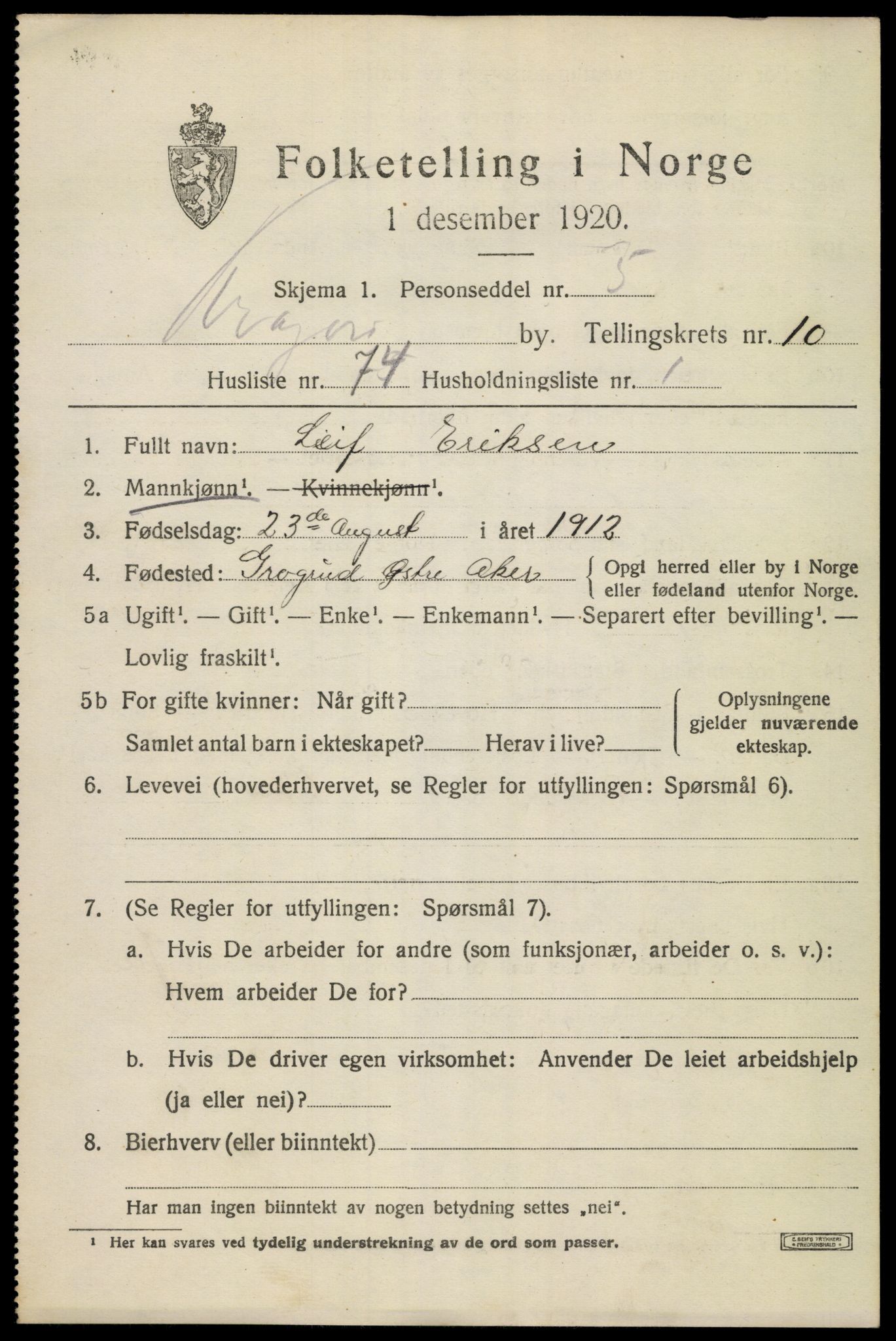 SAKO, 1920 census for Kragerø, 1920, p. 13871