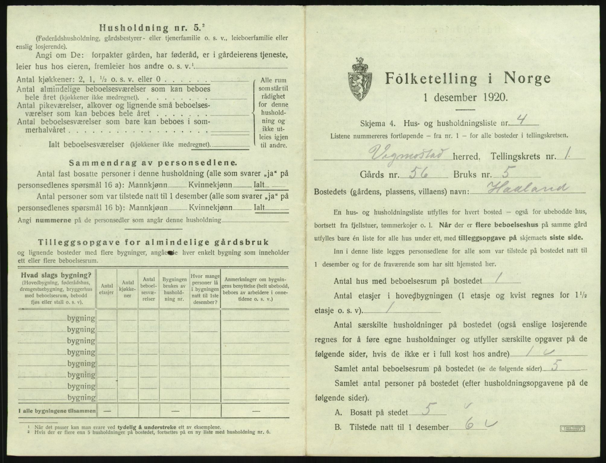 SAK, 1920 census for Vigmostad, 1920, p. 39