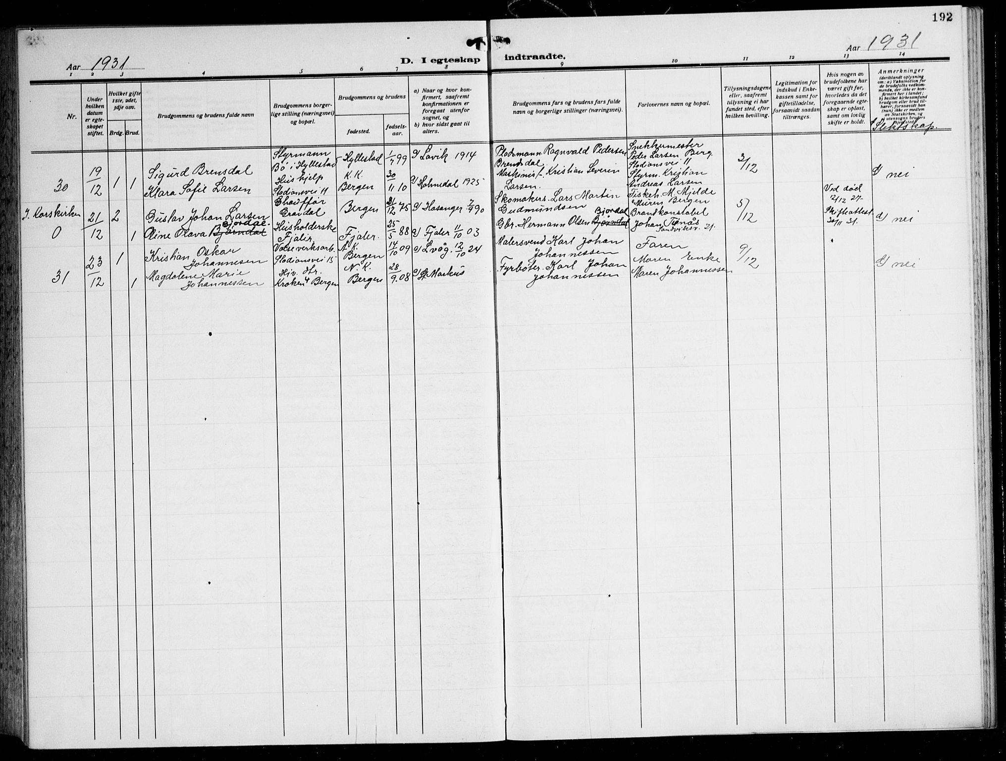 Laksevåg Sokneprestembete, AV/SAB-A-76501/H/Ha/Hab/Haba: Parish register (copy) no. A 10, 1925-1942, p. 192