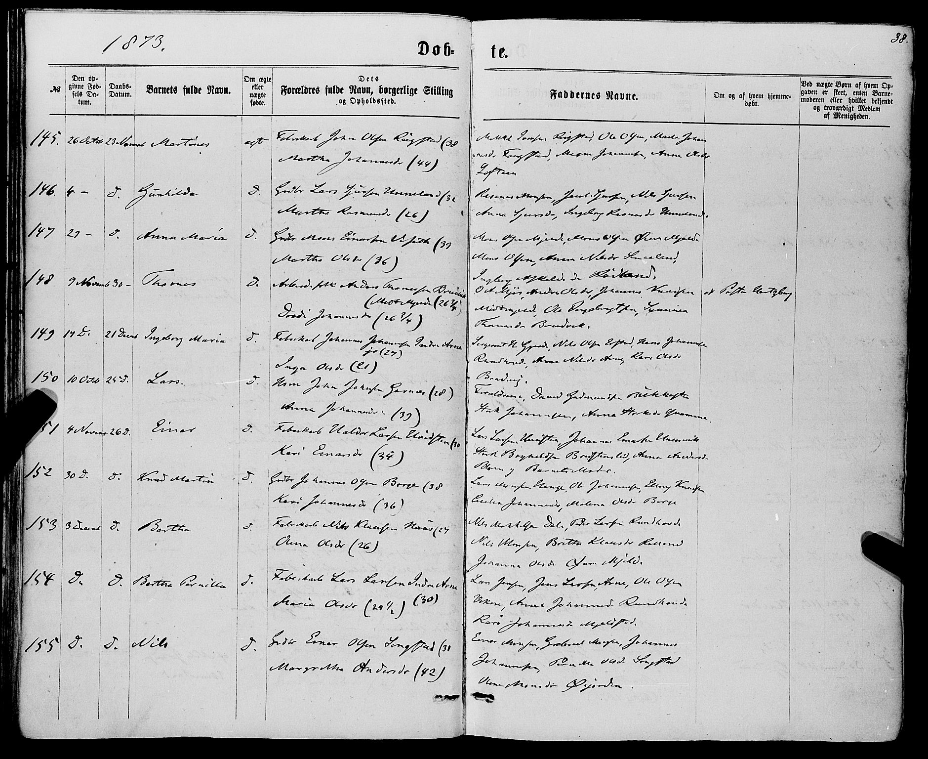 Haus sokneprestembete, AV/SAB-A-75601/H/Haa: Parish register (official) no. A 18, 1871-1877, p. 38