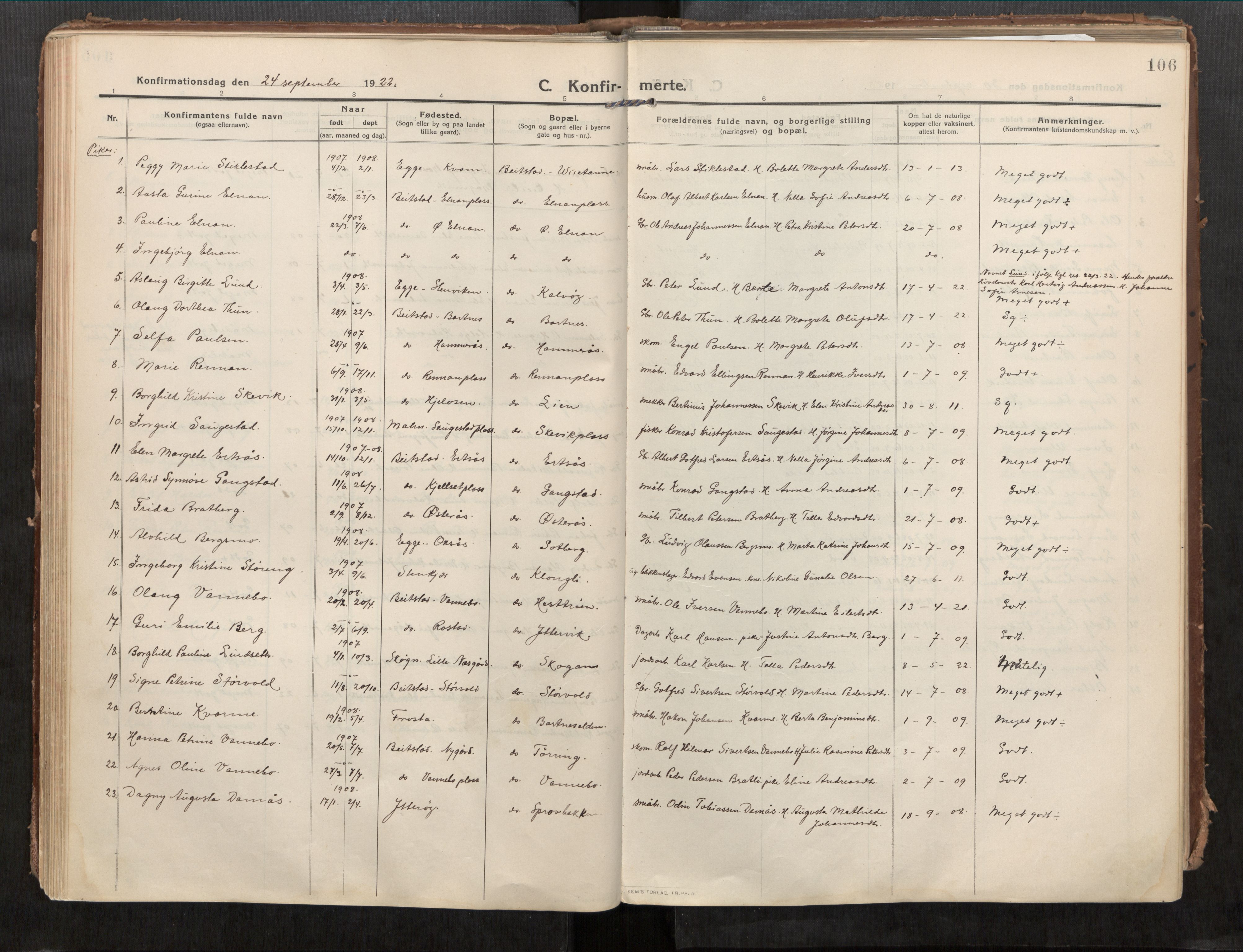 Beitstad sokneprestkontor, SAT/A-1162/I/I1/I1a/L0001: Parish register (official) no. 1, 1912-1927, p. 106