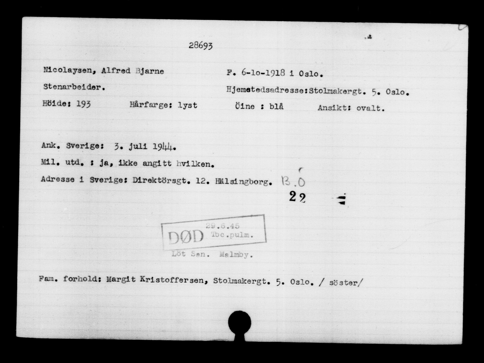 Utenriksstasjonene, Legasjonen i Stockholm, Flyktningkontoret, AV/RA-S-6753/V/Va/L0012: Kjesäterkartoteket, flyktninger med registreringsnr. 28300-31566, 1940-1945, p. 418