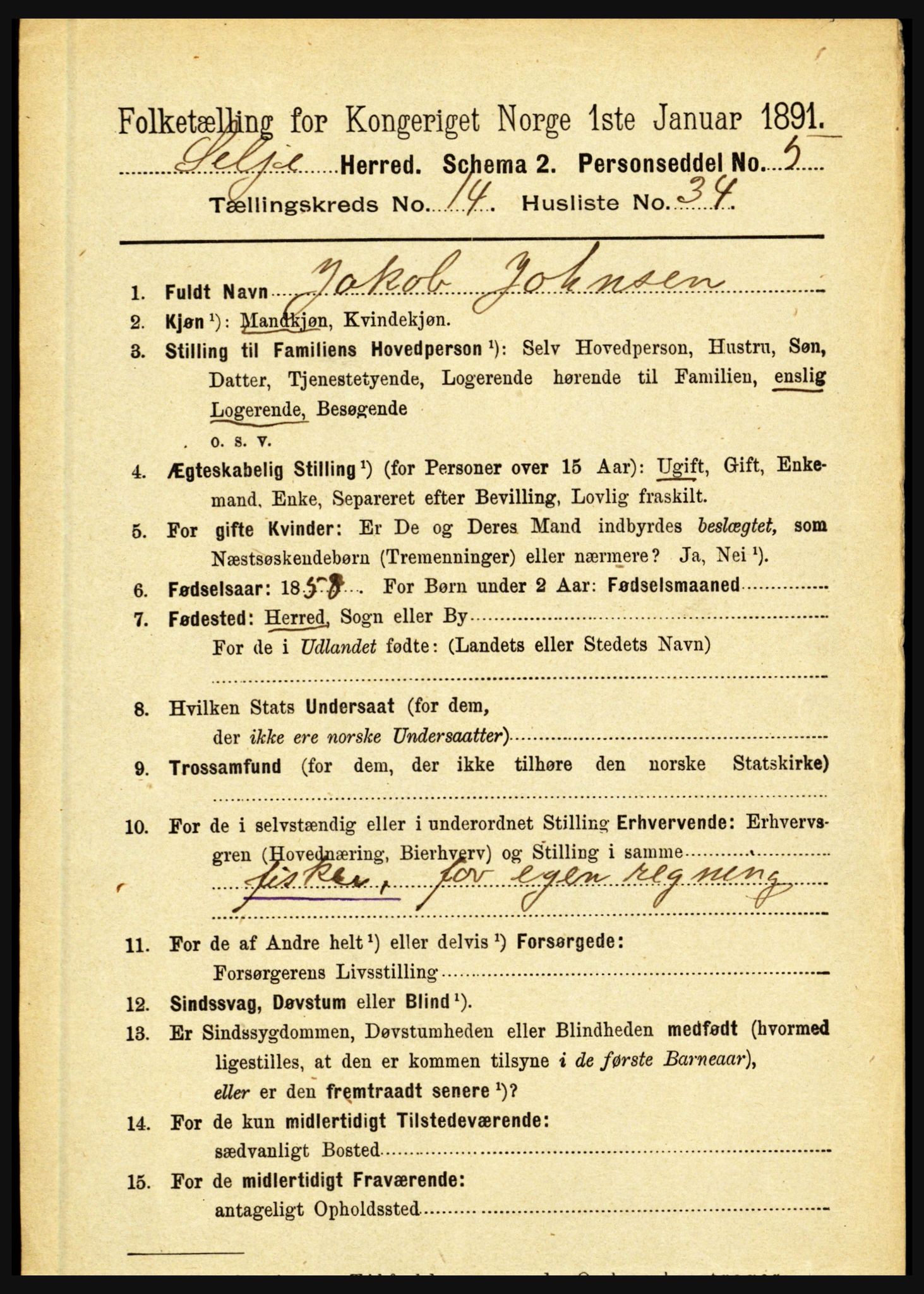 RA, 1891 census for 1441 Selje, 1891, p. 4641