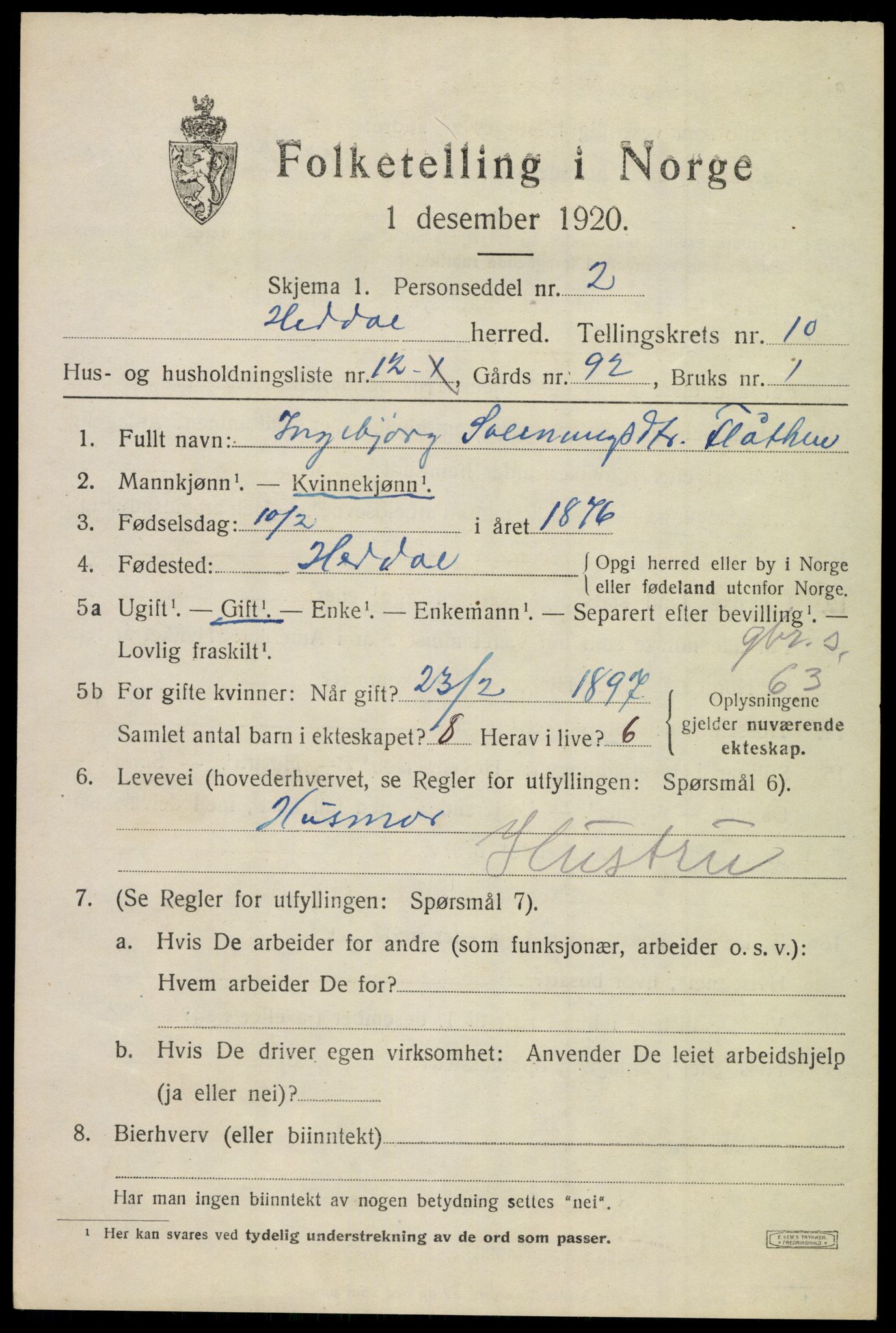 SAKO, 1920 census for Heddal, 1920, p. 7152