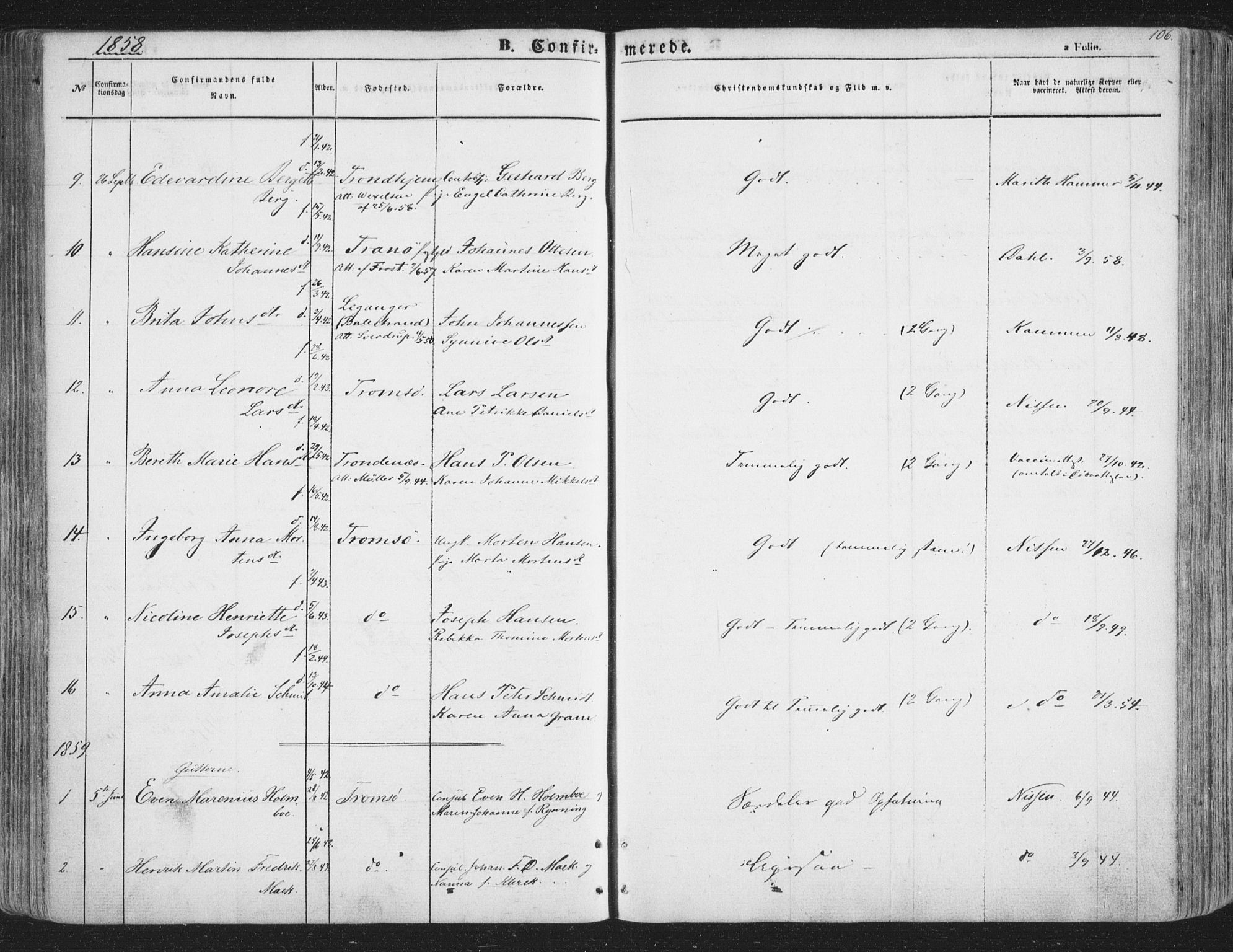 Tromsø sokneprestkontor/stiftsprosti/domprosti, SATØ/S-1343/G/Ga/L0011kirke: Parish register (official) no. 11, 1856-1865, p. 106