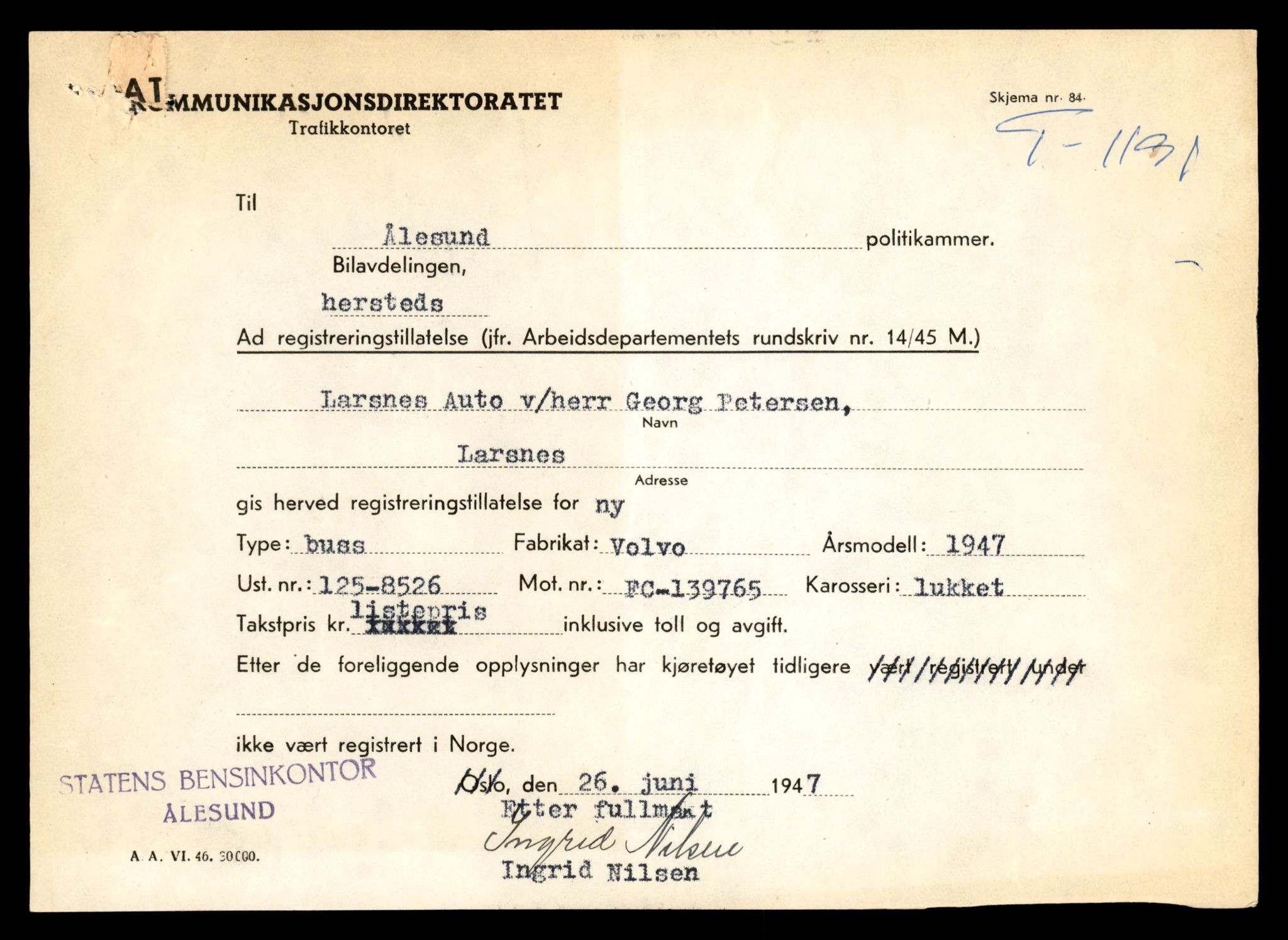 Møre og Romsdal vegkontor - Ålesund trafikkstasjon, AV/SAT-A-4099/F/Fe/L0011: Registreringskort for kjøretøy T 1170 - T 1289, 1927-1998, p. 627