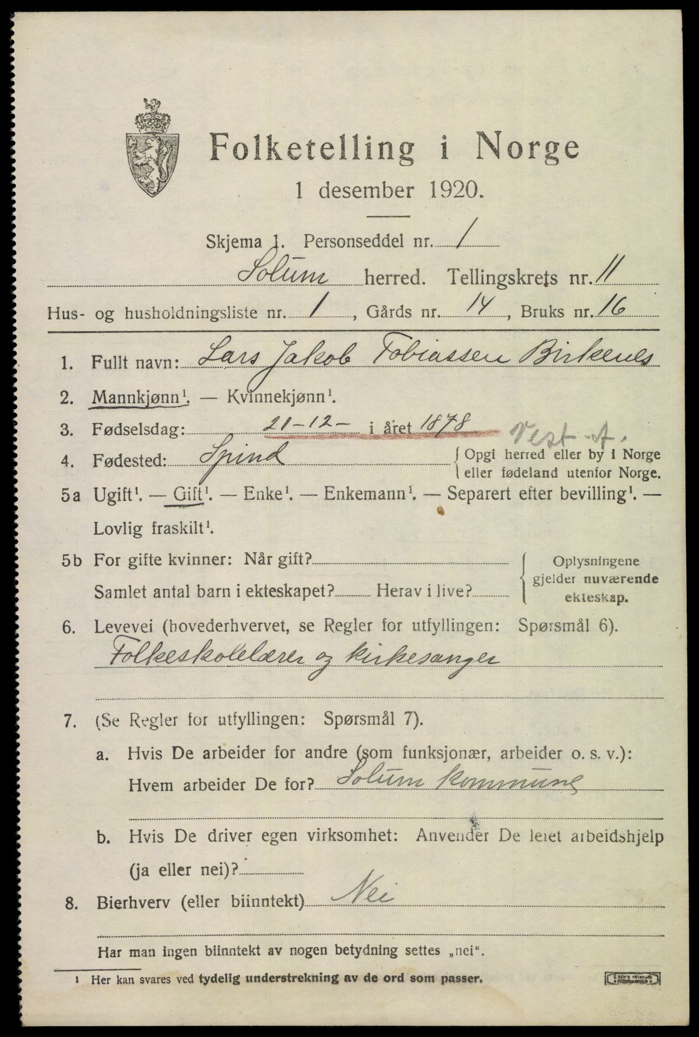 SAKO, 1920 census for Solum, 1920, p. 15692