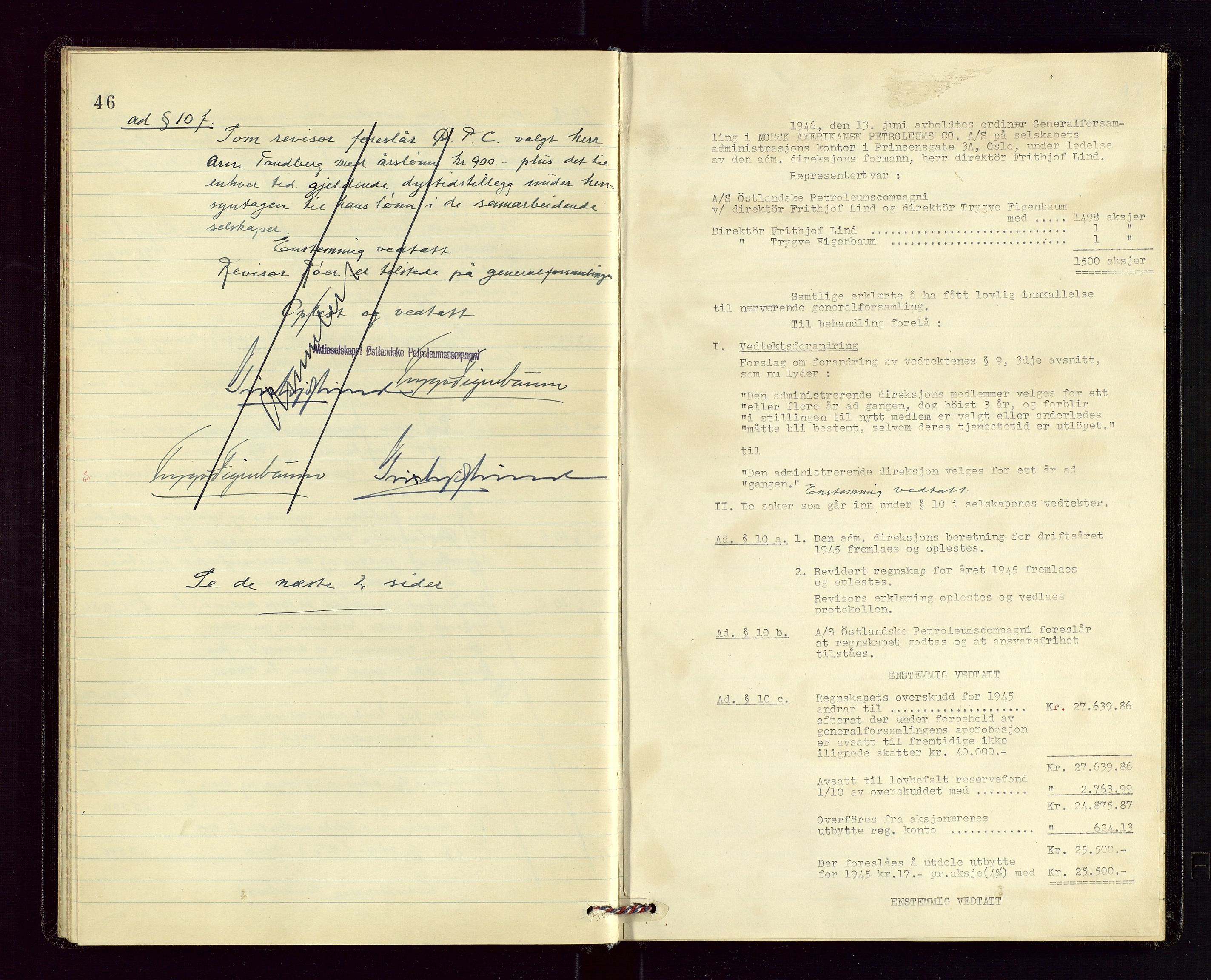 PA 1535 - Norsk-Amerikansk Petroleumscompani A/S, SAST/A-101955/A/Aa/L0001/0002: Styre- og generalforsamlingsprotokoller / Styre - Generalforsamling, 1932-1948, p. 46-47