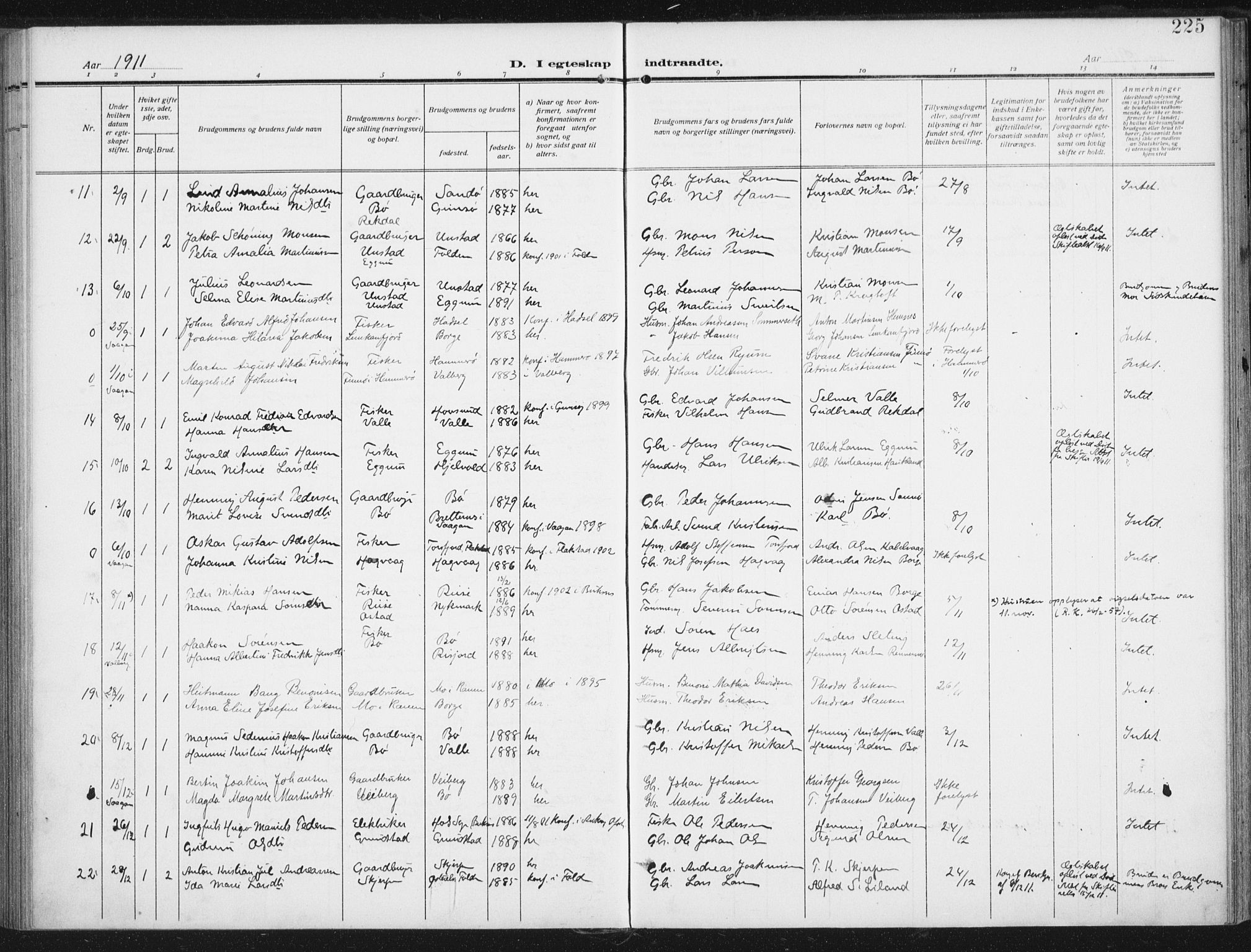 Ministerialprotokoller, klokkerbøker og fødselsregistre - Nordland, SAT/A-1459/880/L1135: Parish register (official) no. 880A09, 1908-1919, p. 225