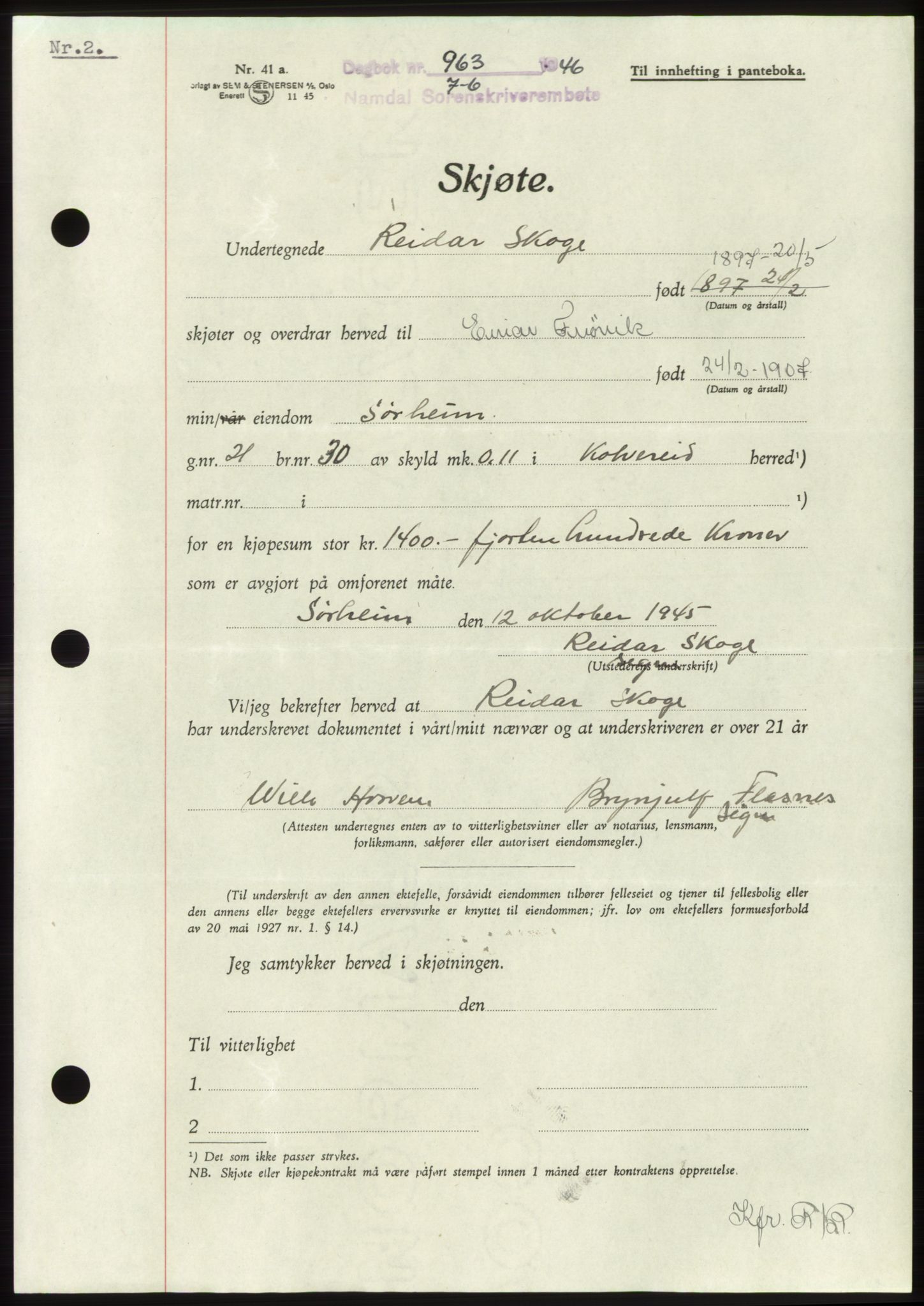 Namdal sorenskriveri, AV/SAT-A-4133/1/2/2C: Mortgage book no. -, 1946-1946, Diary no: : 963/1946