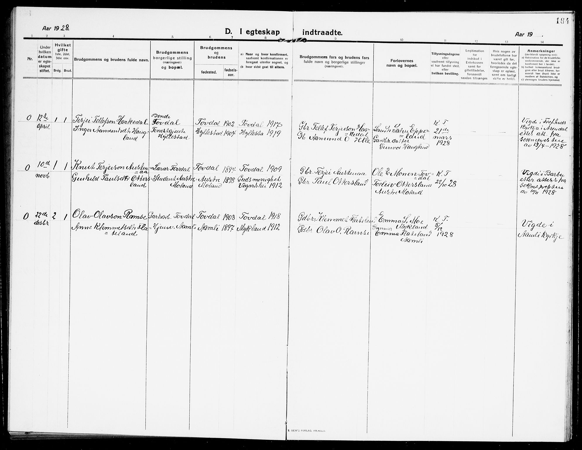 Åmli sokneprestkontor, SAK/1111-0050/F/Fb/Fbb/L0003: Parish register (copy) no. B 3, 1906-1941, p. 164