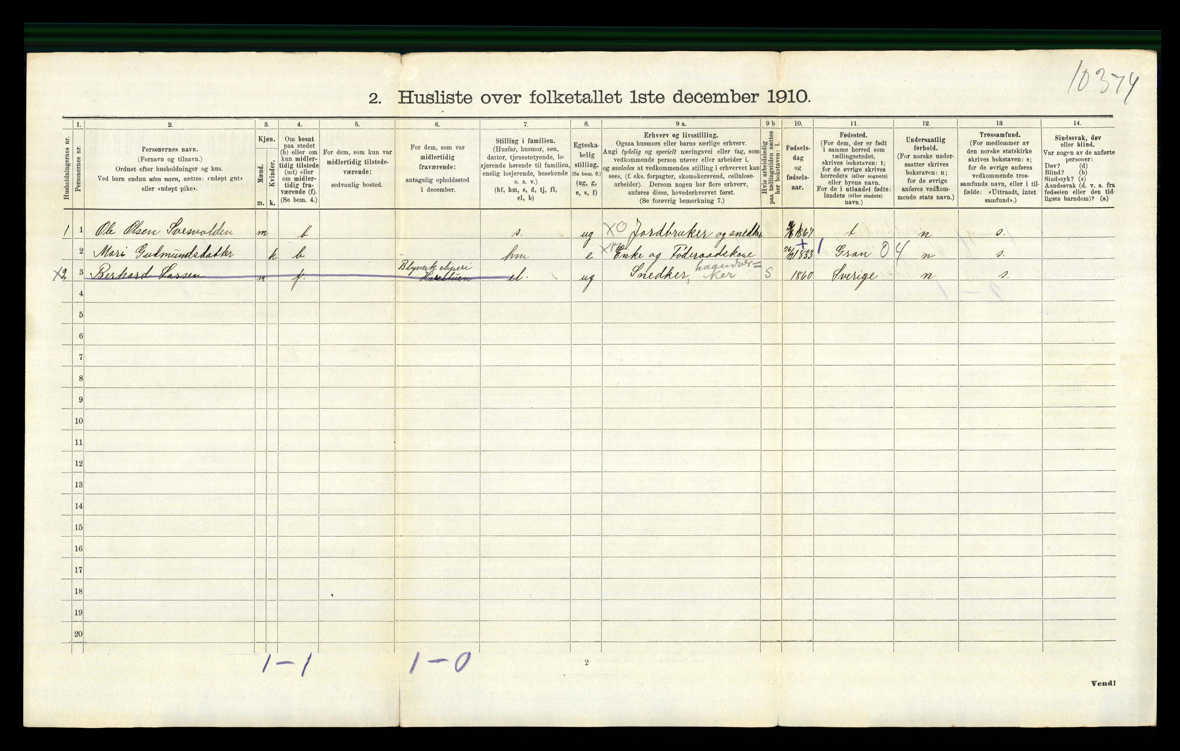 RA, 1910 census for Lunner, 1910, p. 1279