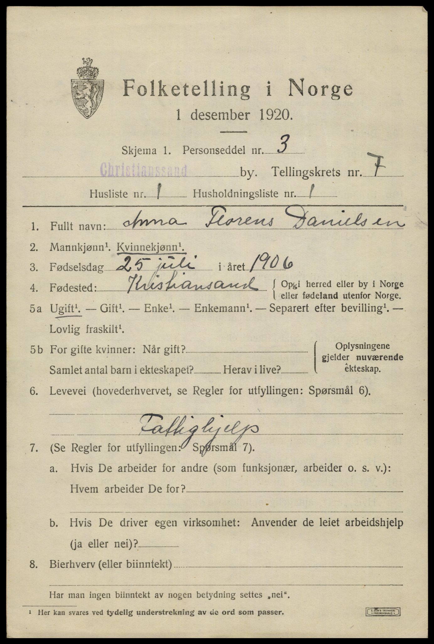 SAK, 1920 census for Kristiansand, 1920, p. 20059