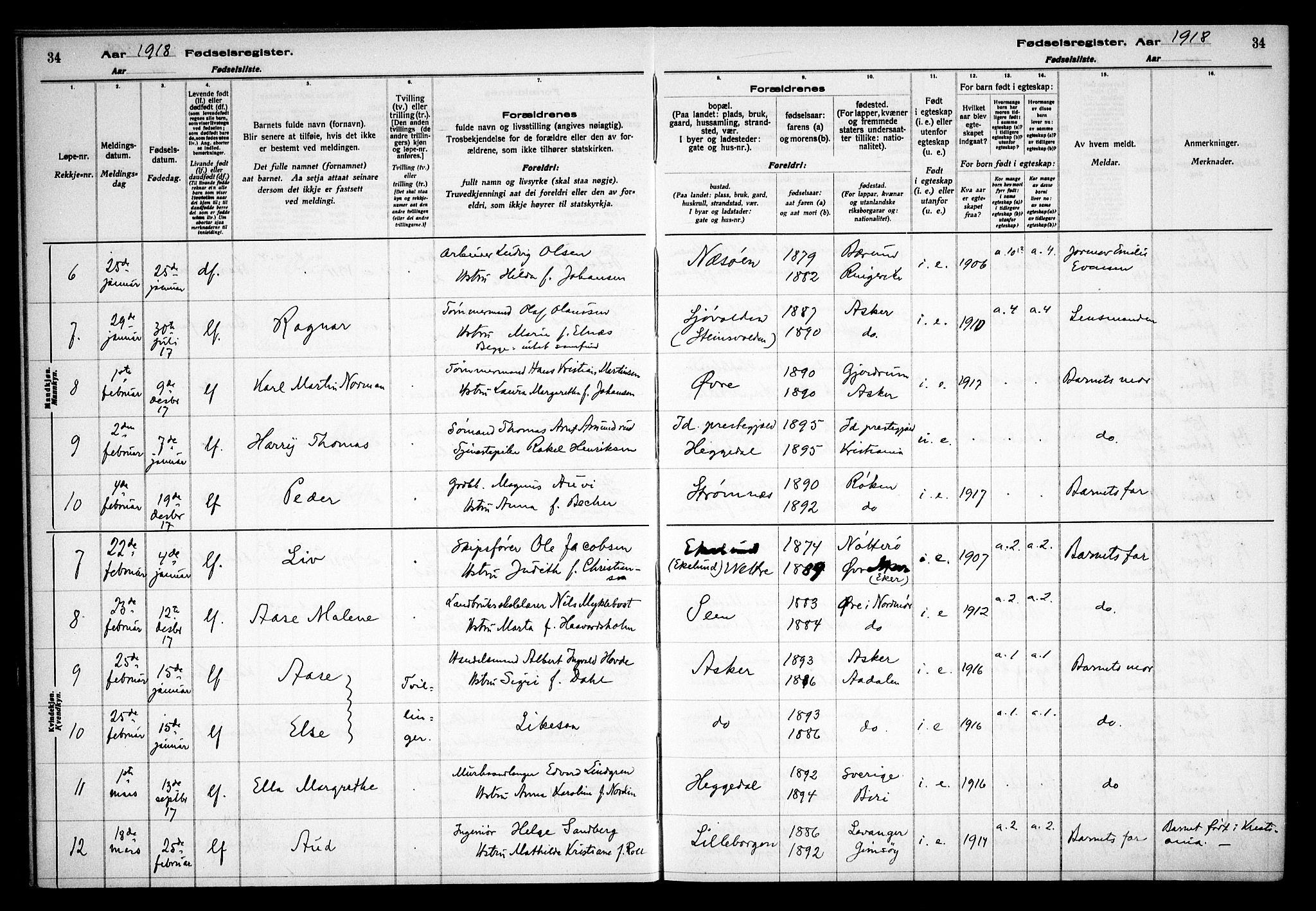 Asker prestekontor Kirkebøker, AV/SAO-A-10256a/J/L0001: Birth register no. 1, 1916-1925, p. 34