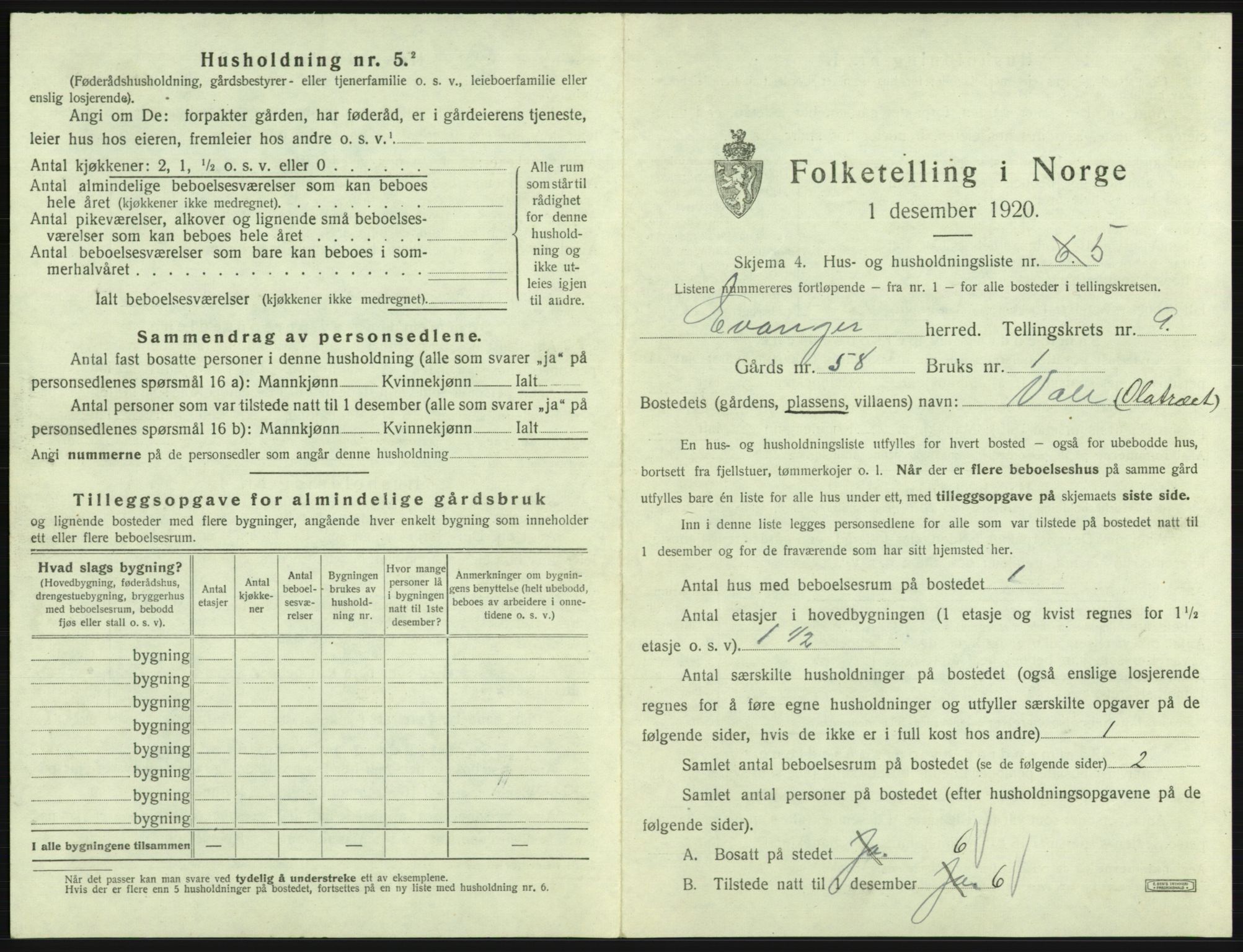 SAB, 1920 census for Evanger, 1920, p. 401