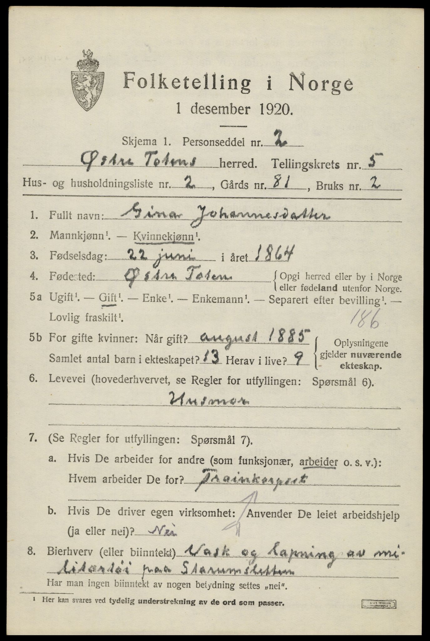 SAH, 1920 census for Østre Toten, 1920, p. 10808