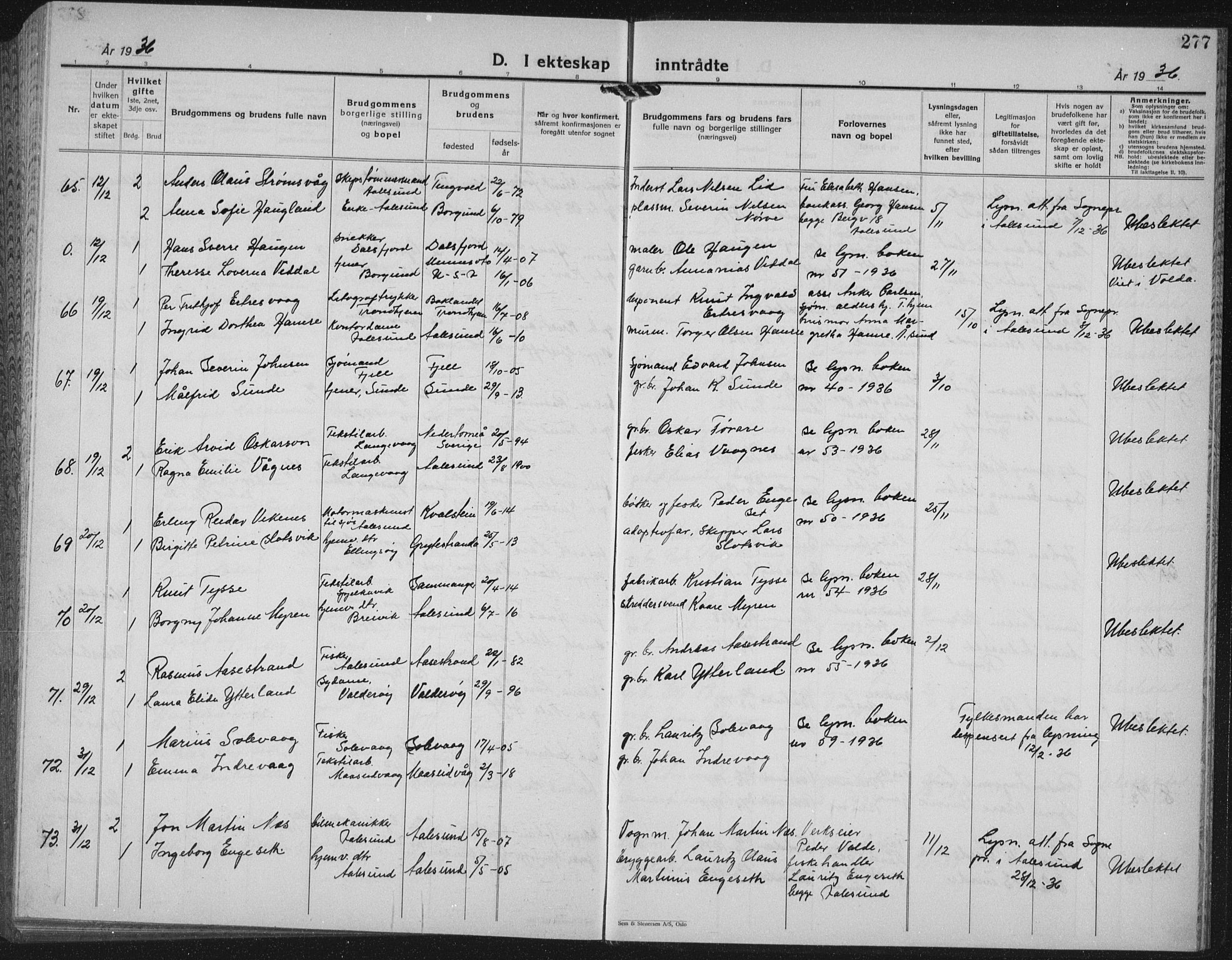 Ministerialprotokoller, klokkerbøker og fødselsregistre - Møre og Romsdal, AV/SAT-A-1454/528/L0436: Parish register (copy) no. 528C17, 1927-1939, p. 277