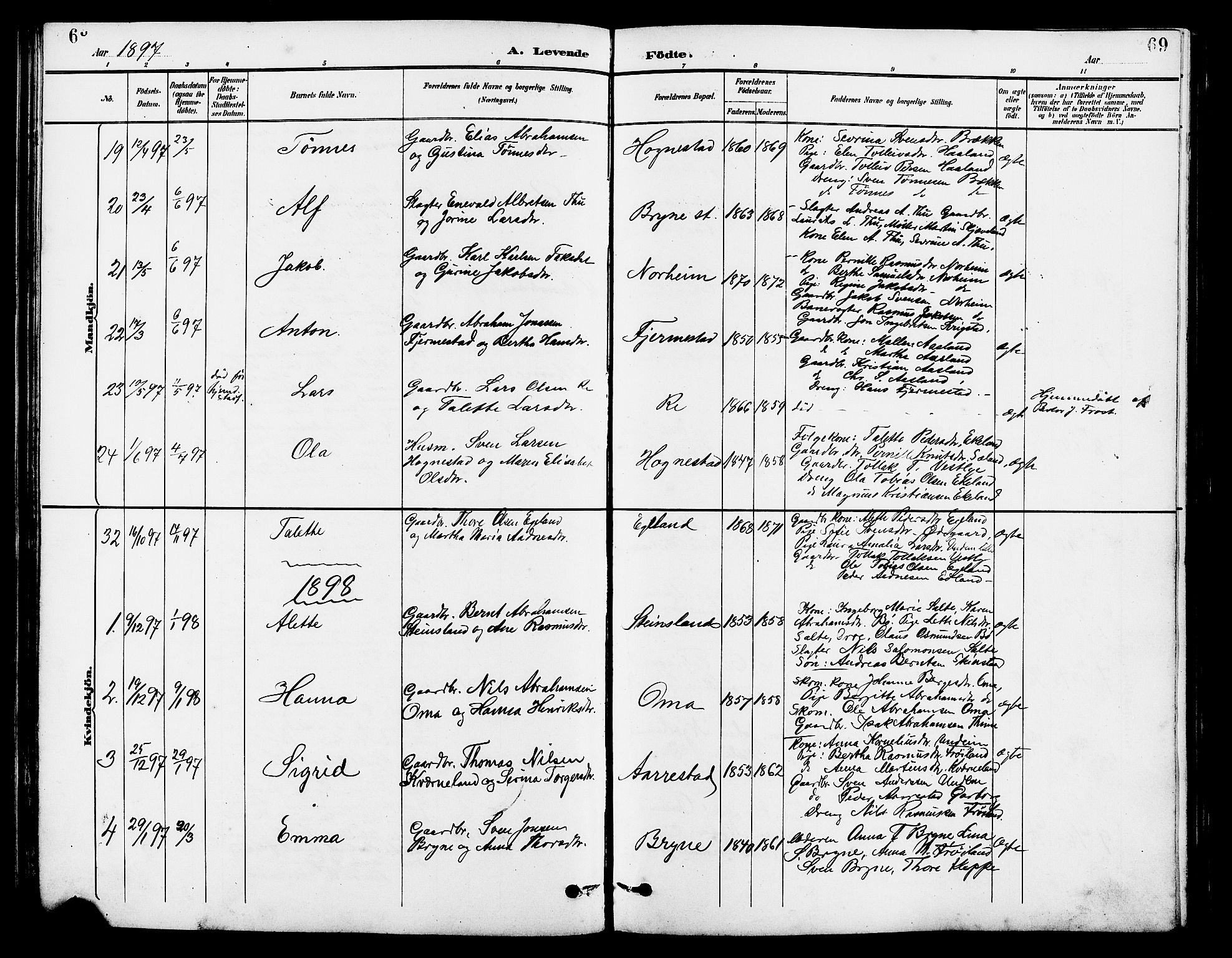 Lye sokneprestkontor, SAST/A-101794/001/30BB/L0007: Parish register (copy) no. B 8, 1889-1909, p. 69