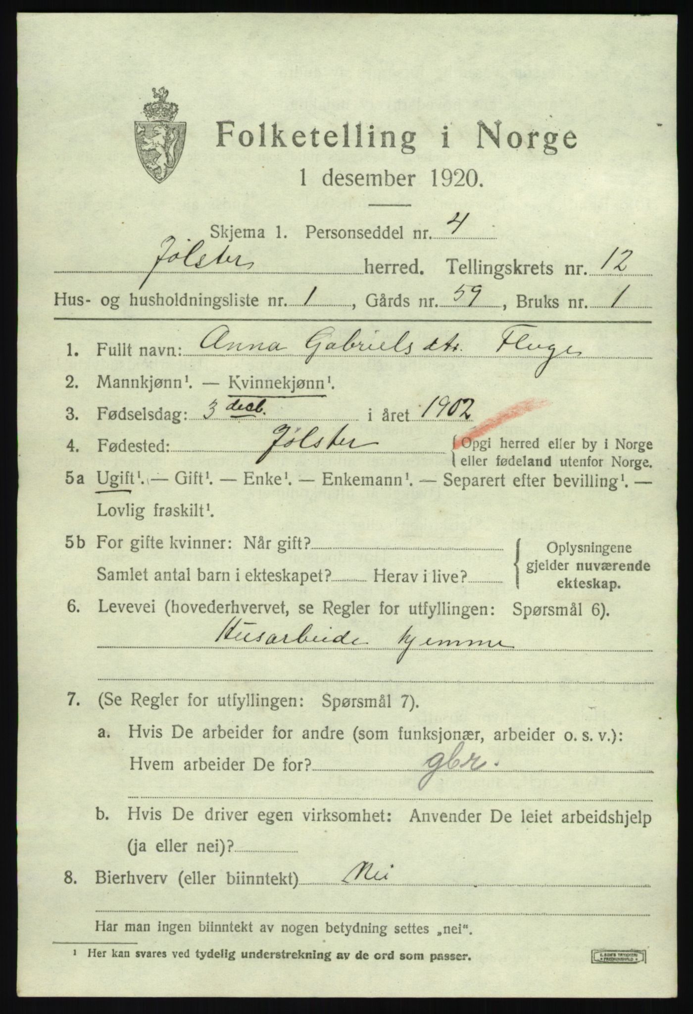 SAB, 1920 census for Jølster, 1920, p. 5578