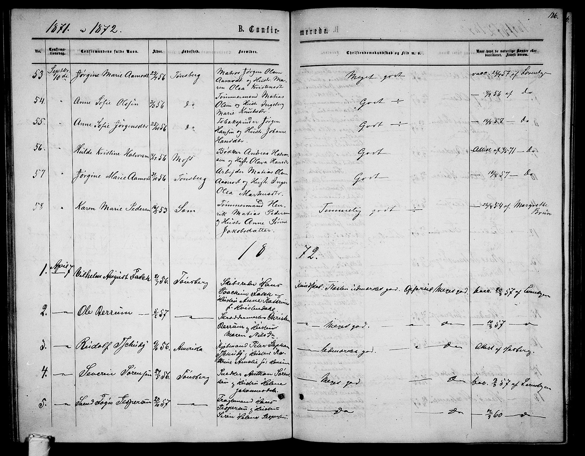 Tønsberg kirkebøker, AV/SAKO-A-330/G/Ga/L0004: Parish register (copy) no. 4, 1865-1874, p. 186