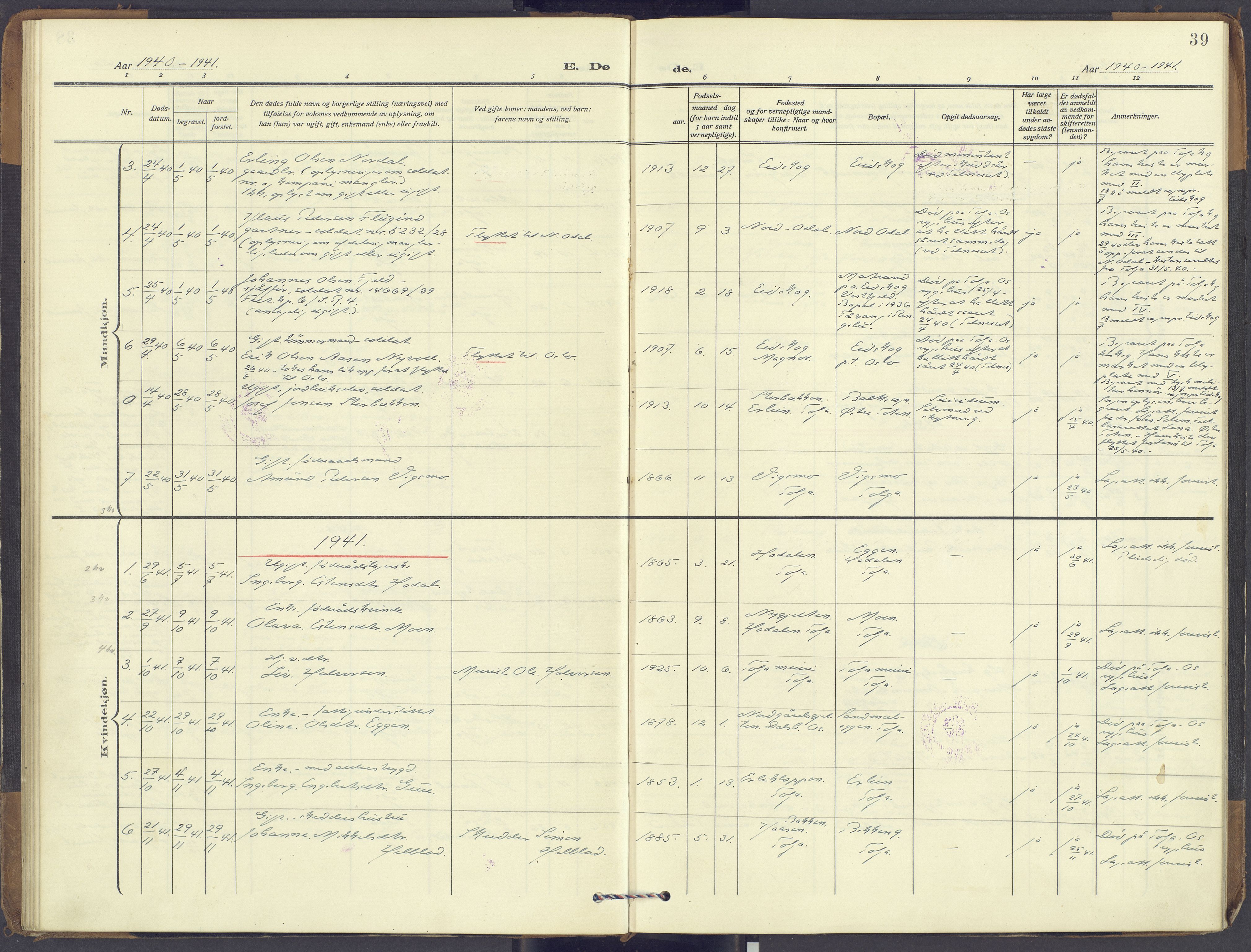 Tolga prestekontor, SAH/PREST-062/K/L0018: Parish register (official) no. 18, 1911-1989, p. 39