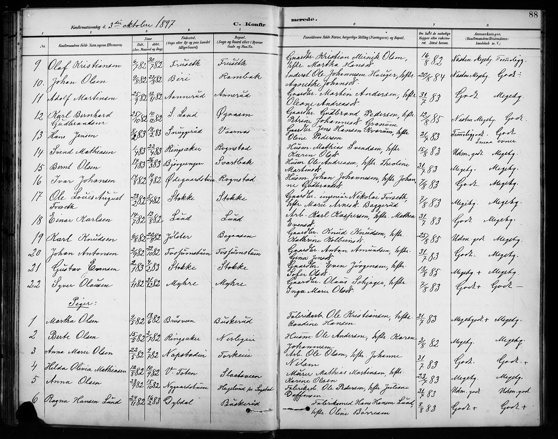 Vardal prestekontor, SAH/PREST-100/H/Ha/Hab/L0010: Parish register (copy) no. 10, 1895-1903, p. 88
