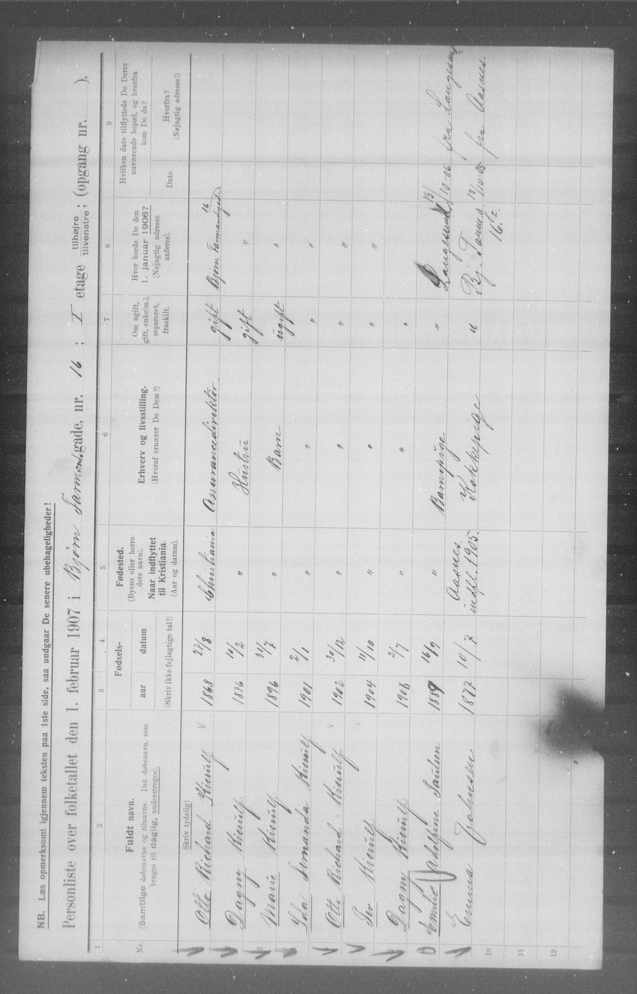 OBA, Municipal Census 1907 for Kristiania, 1907, p. 3512