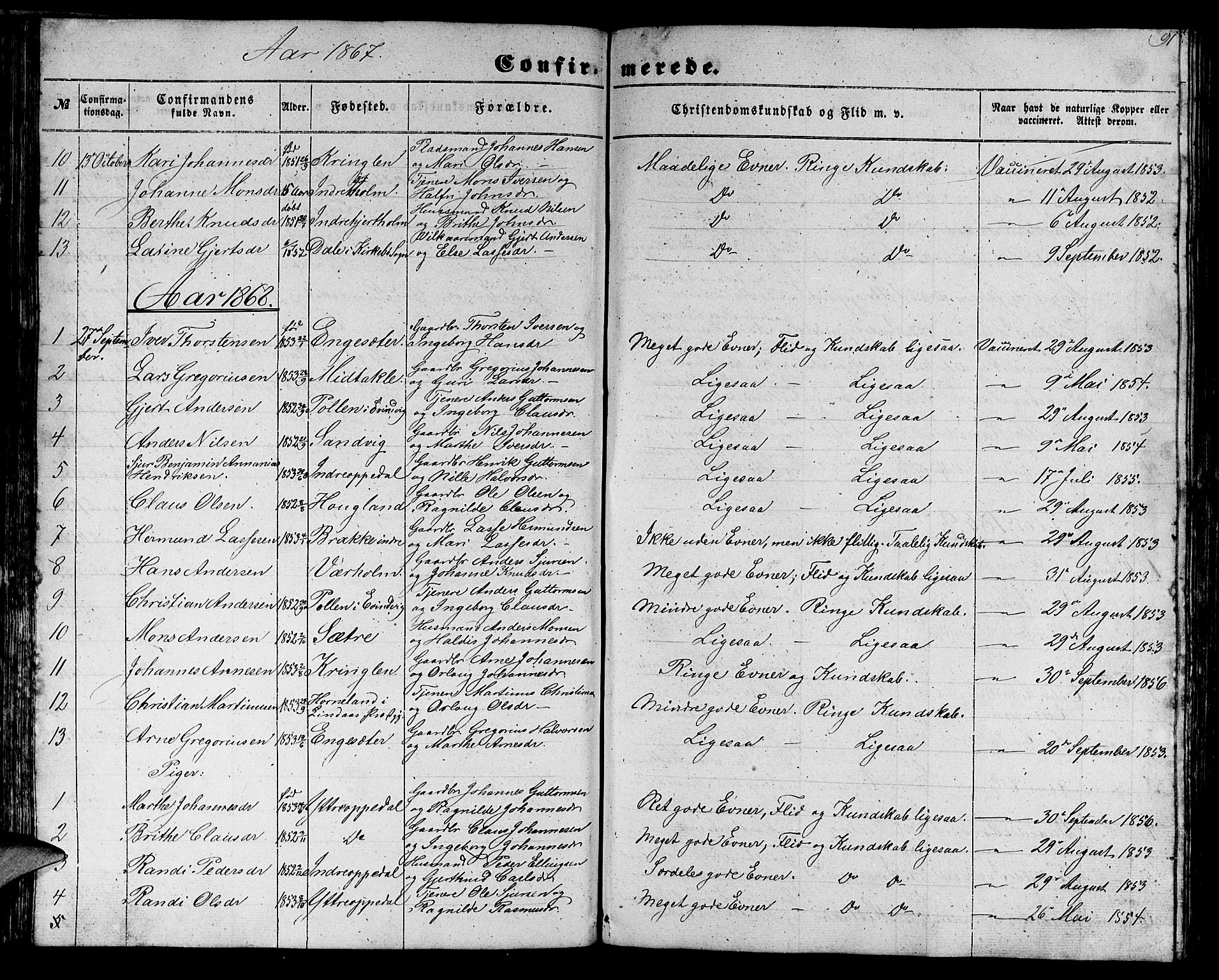 Gulen sokneprestembete, AV/SAB-A-80201/H/Hab/Habc/L0001: Parish register (copy) no. C 1, 1853-1880, p. 91