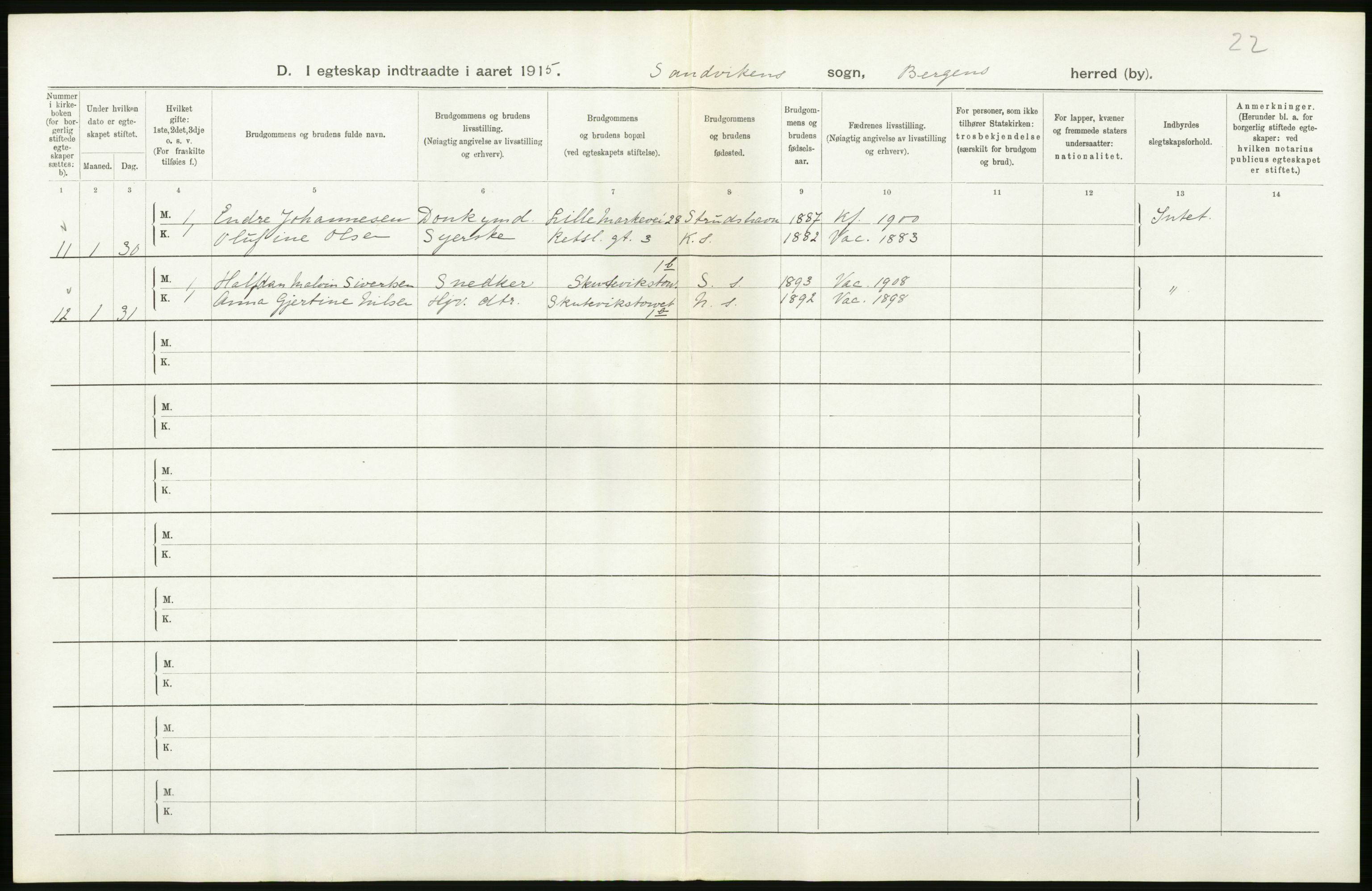 Statistisk sentralbyrå, Sosiodemografiske emner, Befolkning, AV/RA-S-2228/D/Df/Dfb/Dfbe/L0034: Bergen: Gifte, døde, dødfødte., 1915, p. 20