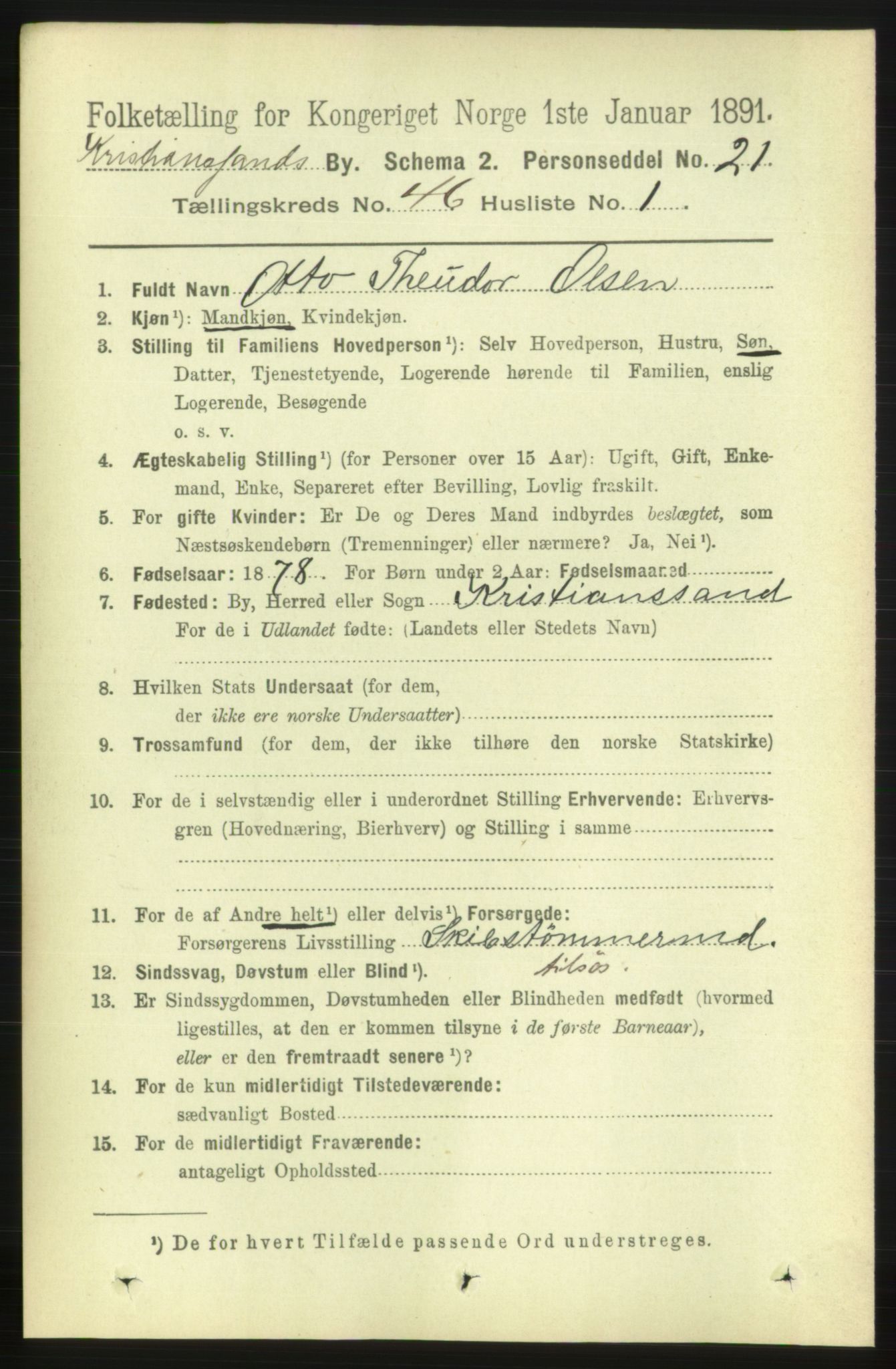 RA, 1891 census for 1001 Kristiansand, 1891, p. 14020