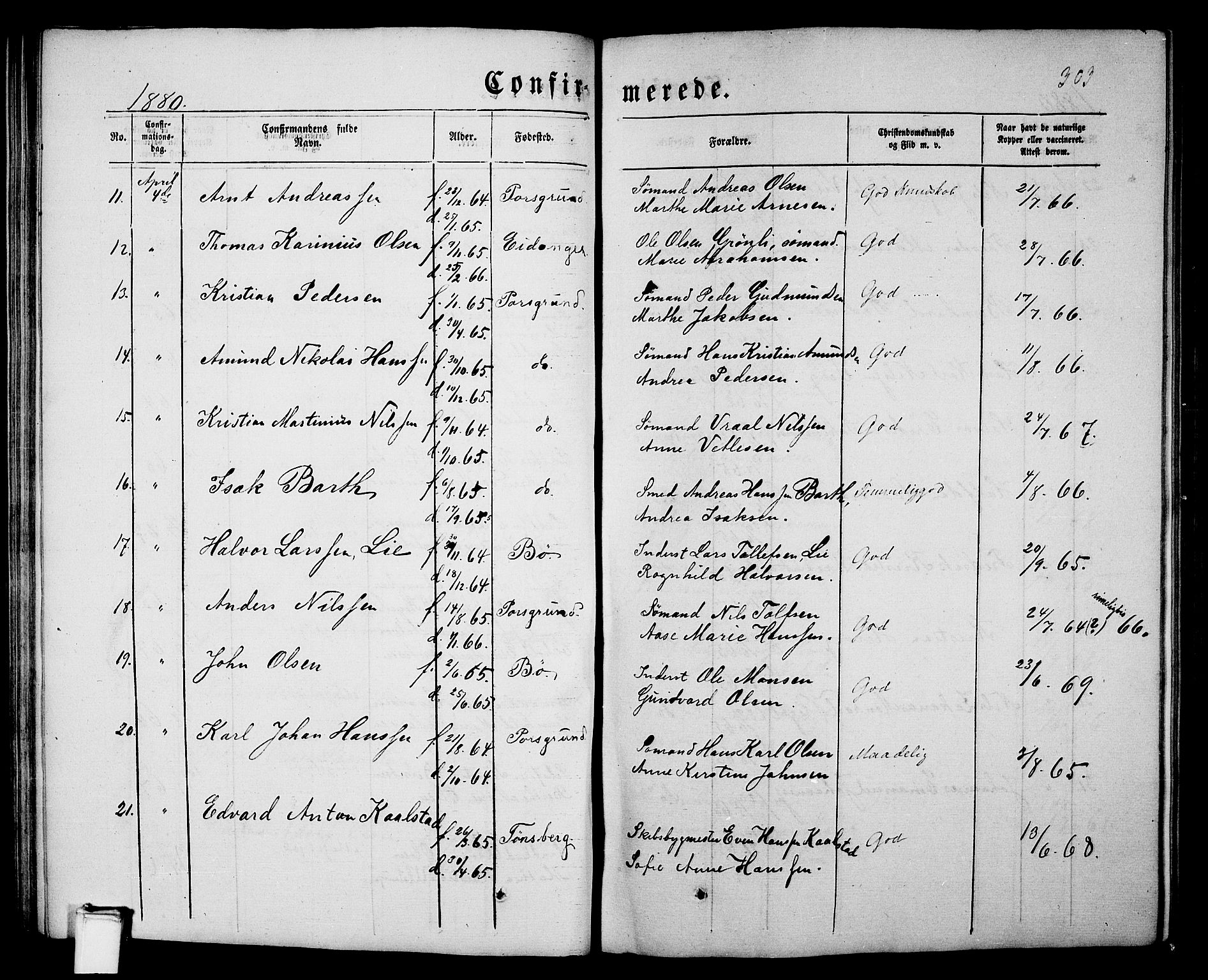 Porsgrunn kirkebøker , SAKO/A-104/G/Gb/L0004: Parish register (copy) no. II 4, 1853-1882, p. 303