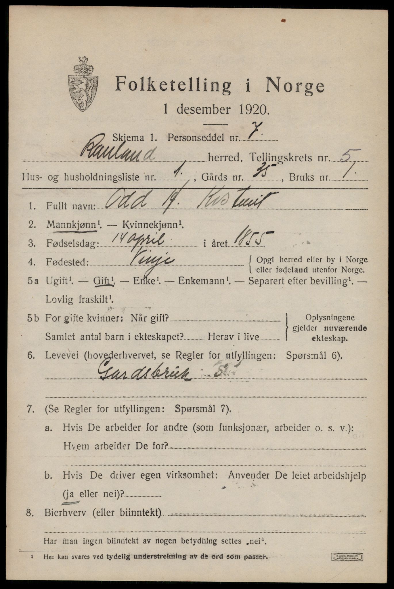 SAKO, 1920 census for Rauland, 1920, p. 1022