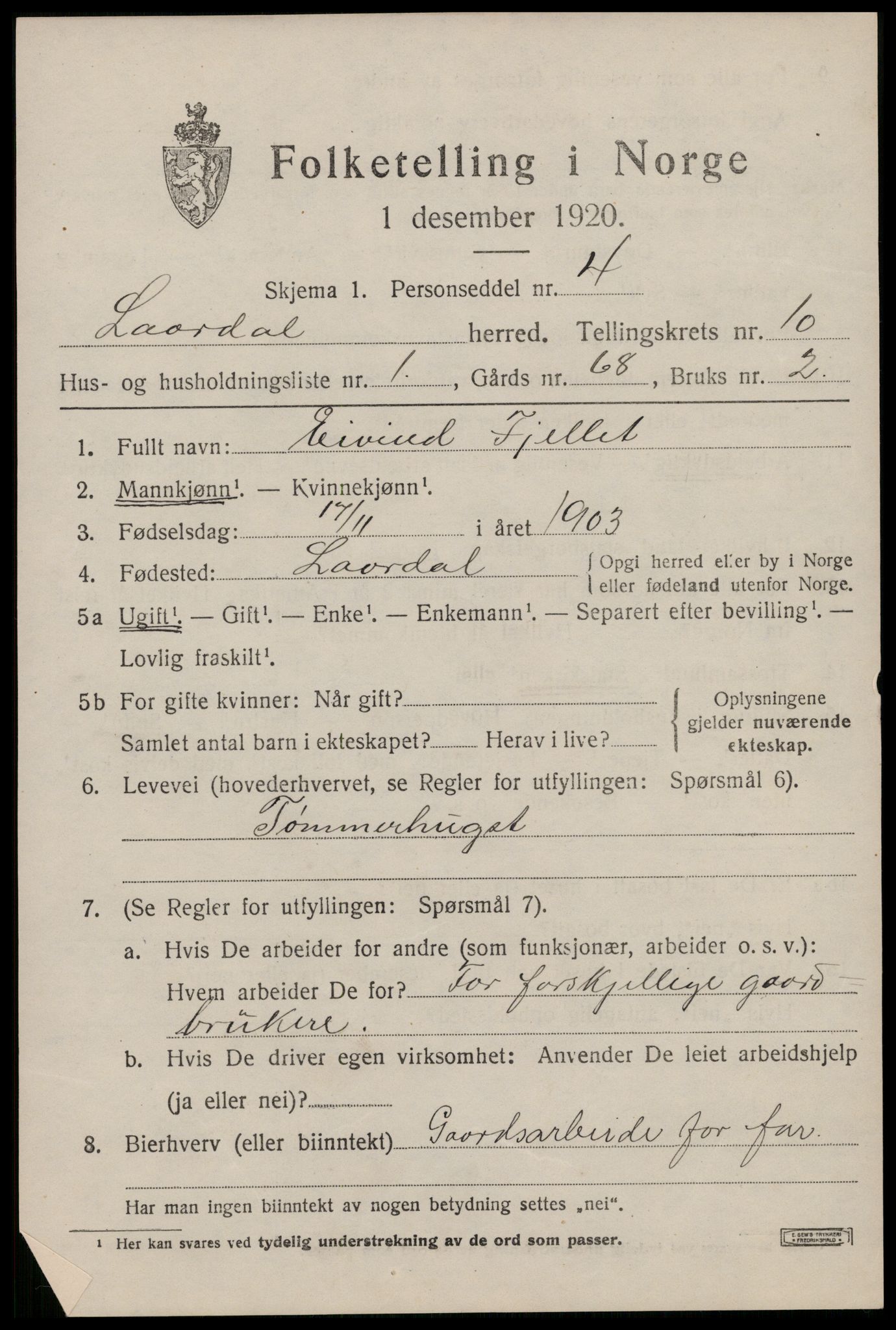 SAKO, 1920 census for Lårdal, 1920, p. 3321