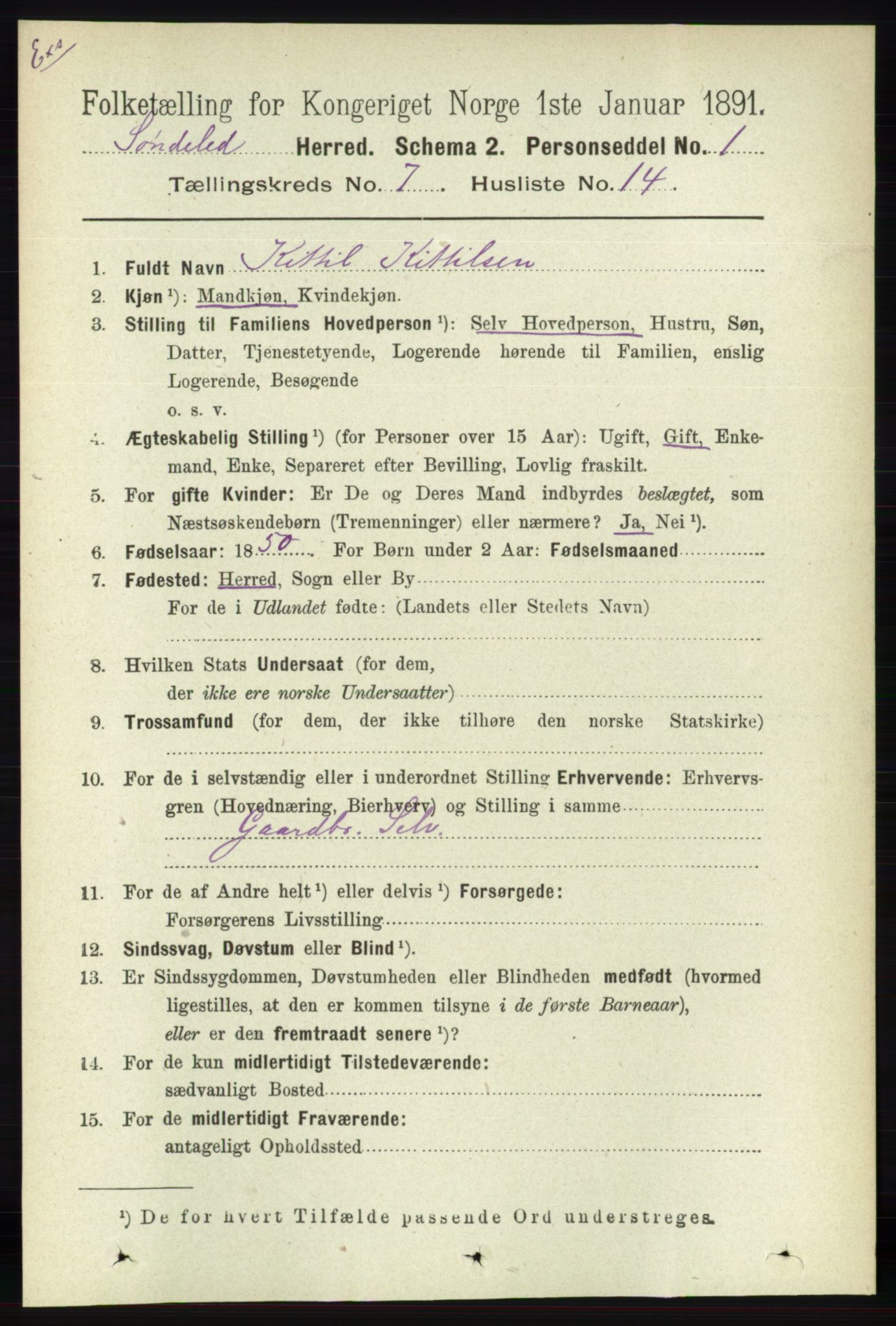 RA, Census 1891 for Nedenes amt: Gjenparter av personsedler for beslektede ektefeller, menn, 1891, p. 139