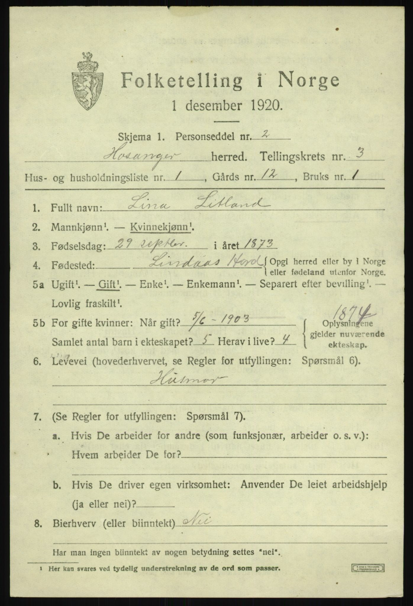 SAB, 1920 census for Hosanger, 1920, p. 1467