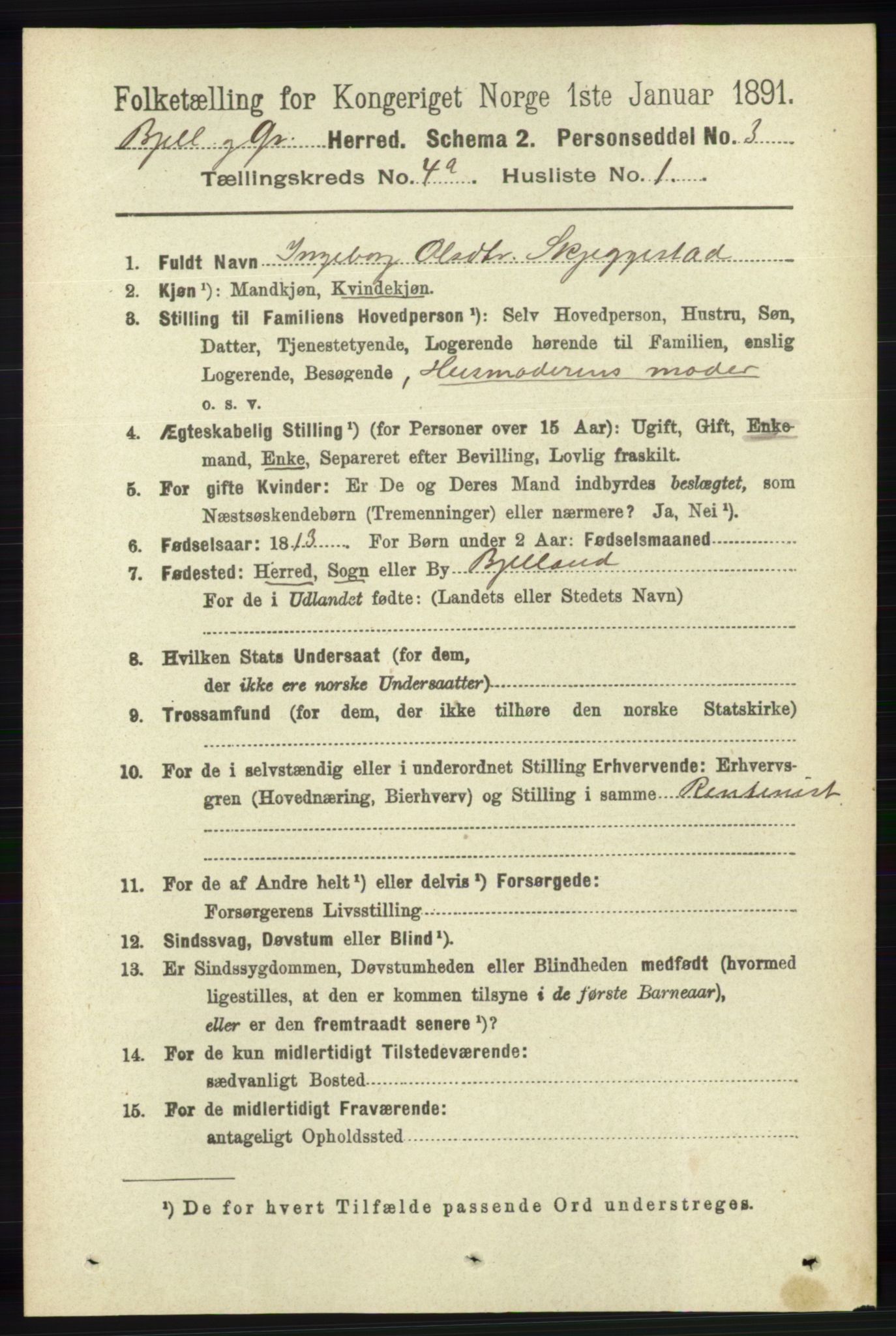 RA, 1891 census for 1024 Bjelland og Grindheim, 1891, p. 2083