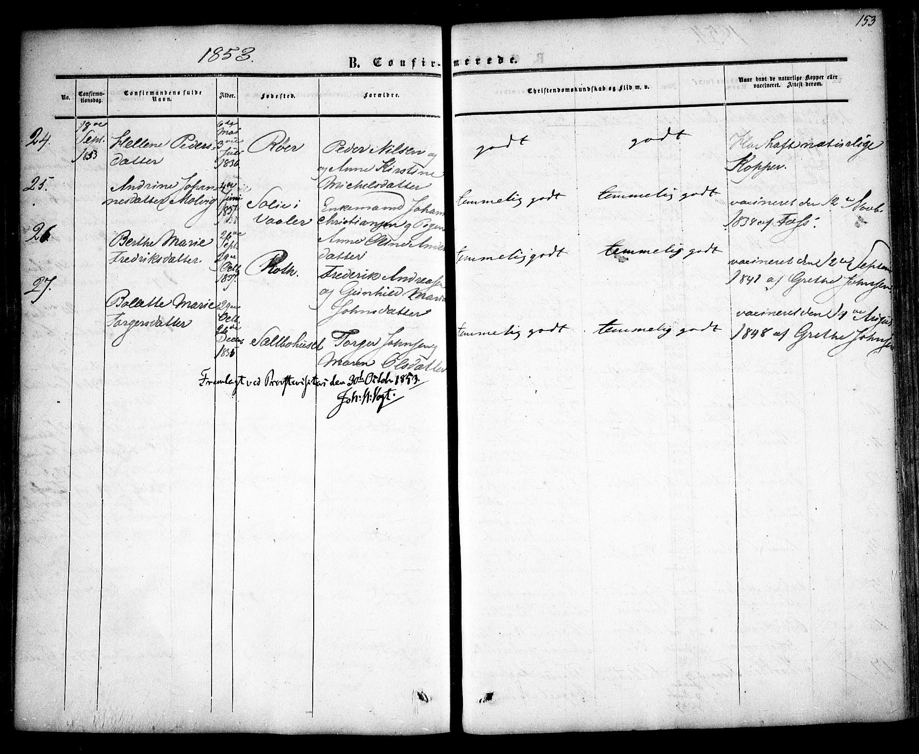 Rygge prestekontor Kirkebøker, AV/SAO-A-10084b/F/Fa/L0005: Parish register (official) no. 5, 1852-1871, p. 153