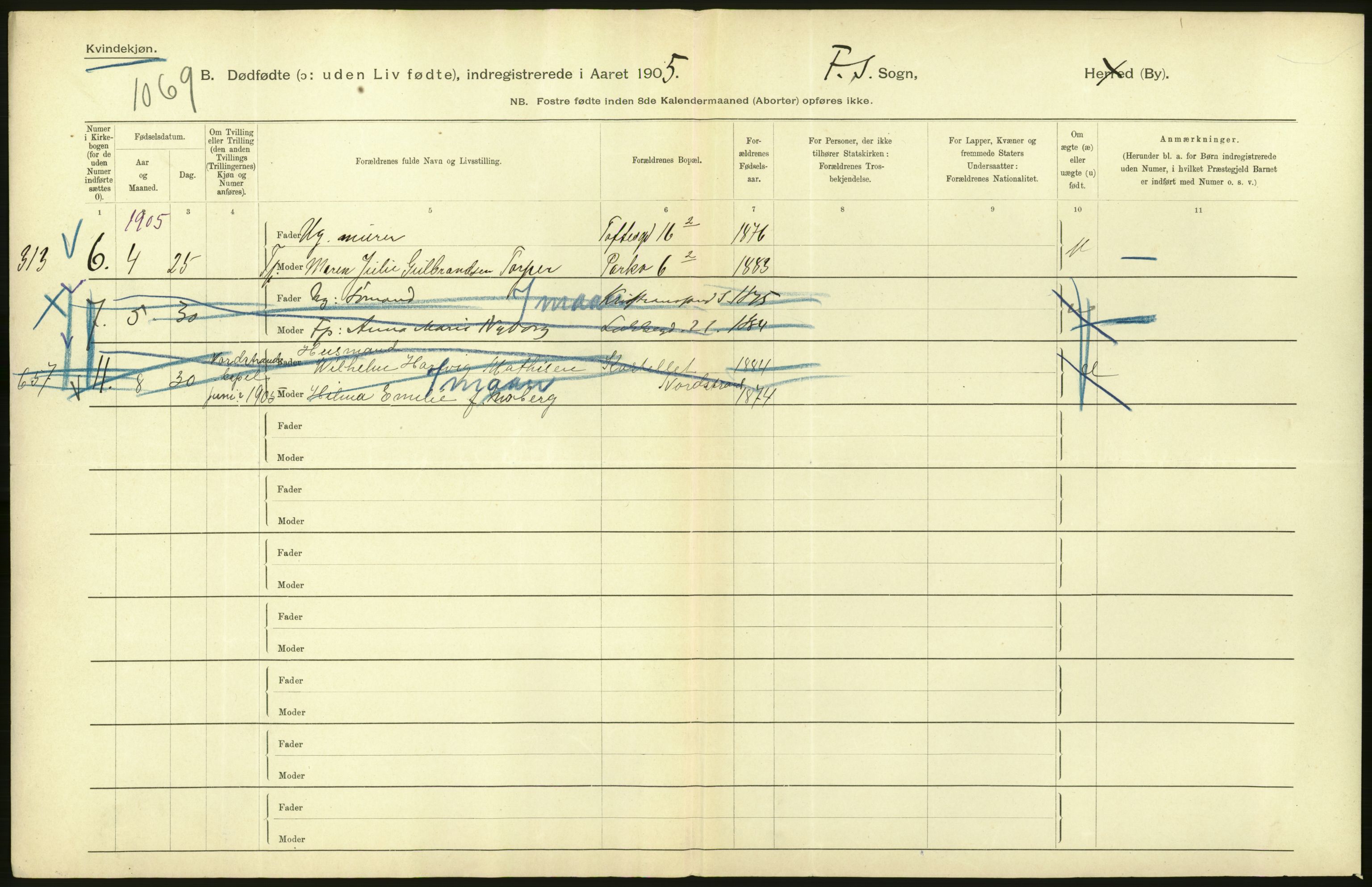 Statistisk sentralbyrå, Sosiodemografiske emner, Befolkning, RA/S-2228/D/Df/Dfa/Dfac/L0007a: Kristiania: Døde, dødfødte., 1905, p. 834