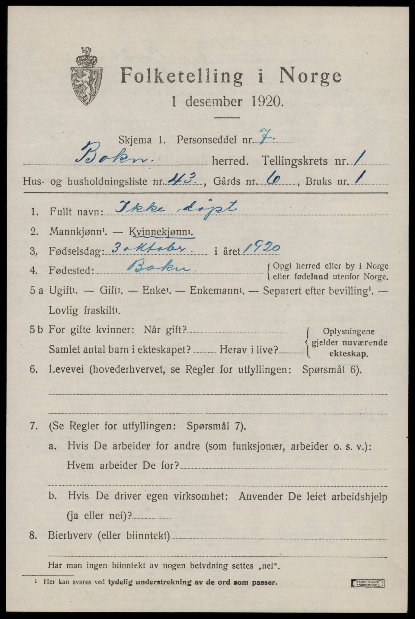 SAST, 1920 census for Bokn, 1920, p. 780