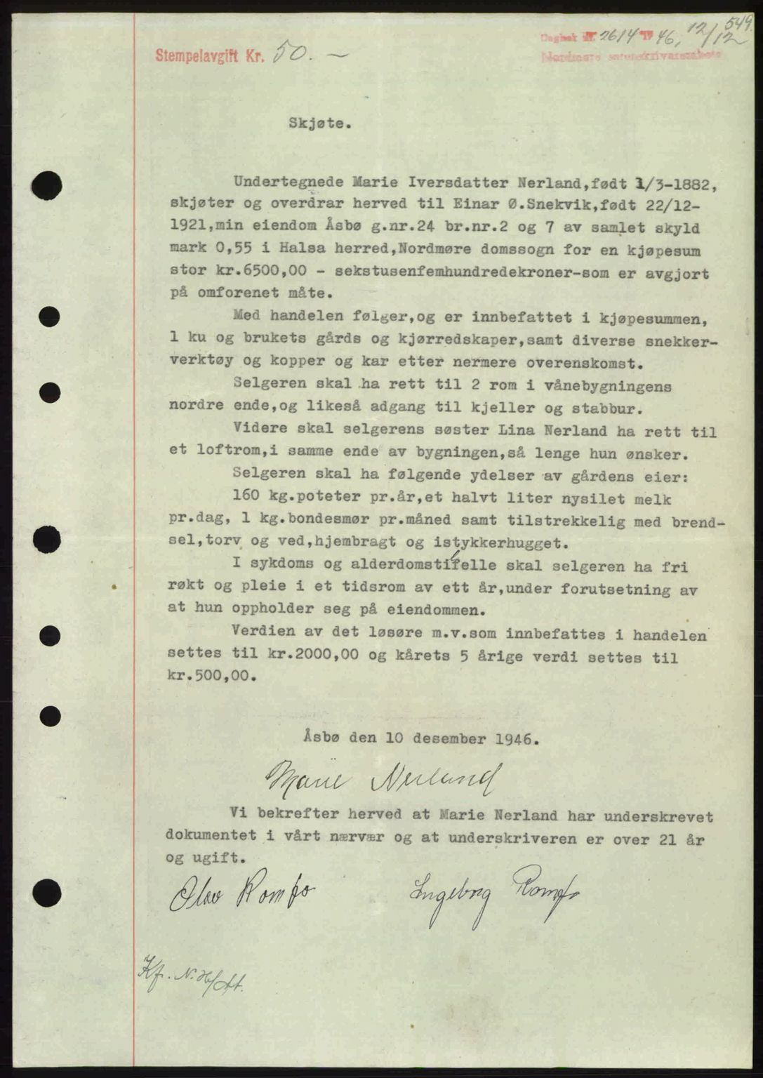 Nordmøre sorenskriveri, AV/SAT-A-4132/1/2/2Ca: Mortgage book no. A103, 1946-1947, Diary no: : 2614/1946