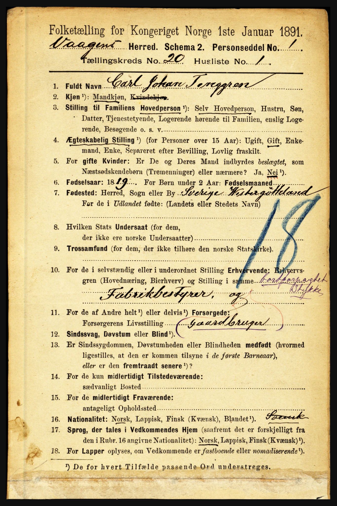 RA, 1891 census for 1865 Vågan, 1891, p. 5849