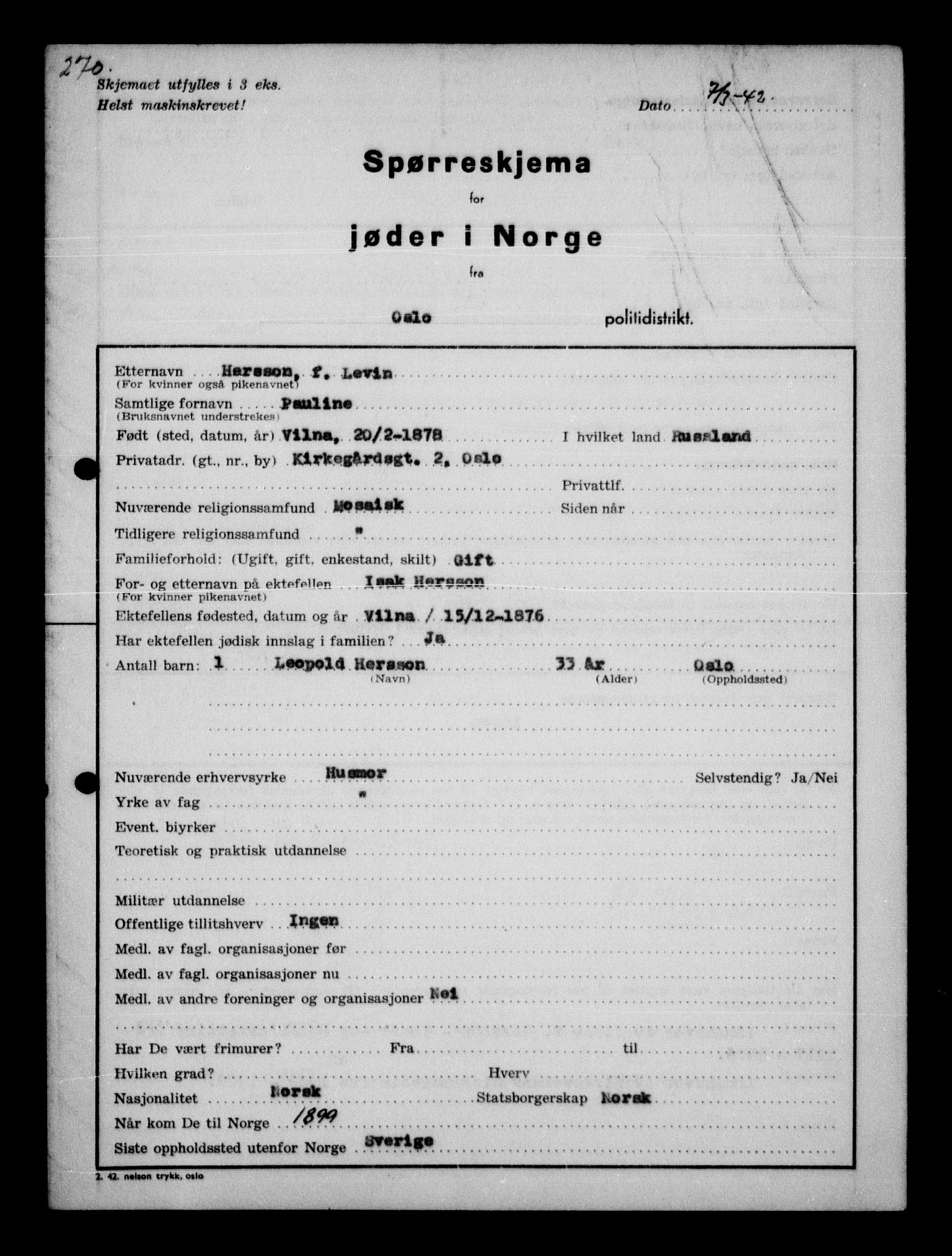 Statspolitiet - Hovedkontoret / Osloavdelingen, AV/RA-S-1329/G/Ga/L0010: Spørreskjema for jøder i Norge: Jøder bosatt i Oslo, Hansen - Pintzow, 1942, p. 24