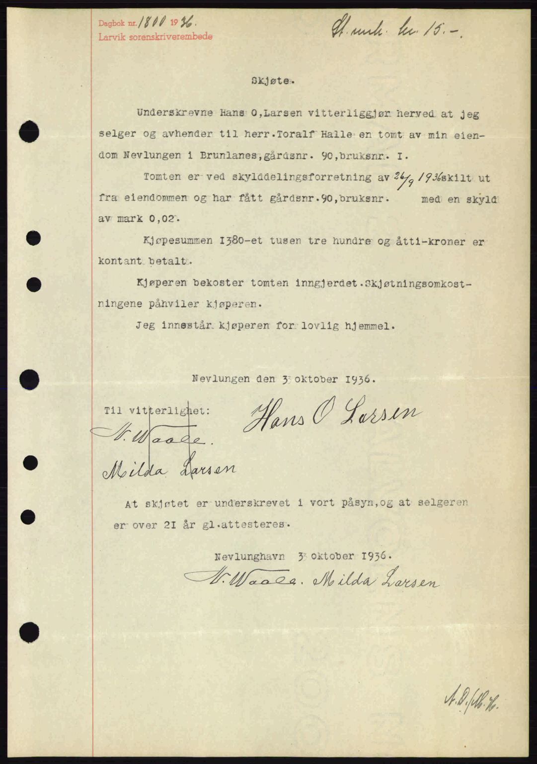 Larvik sorenskriveri, SAKO/A-83/G/Ga/Gab/L0067: Mortgage book no. A-1, 1936-1937, Diary no: : 1800/1936