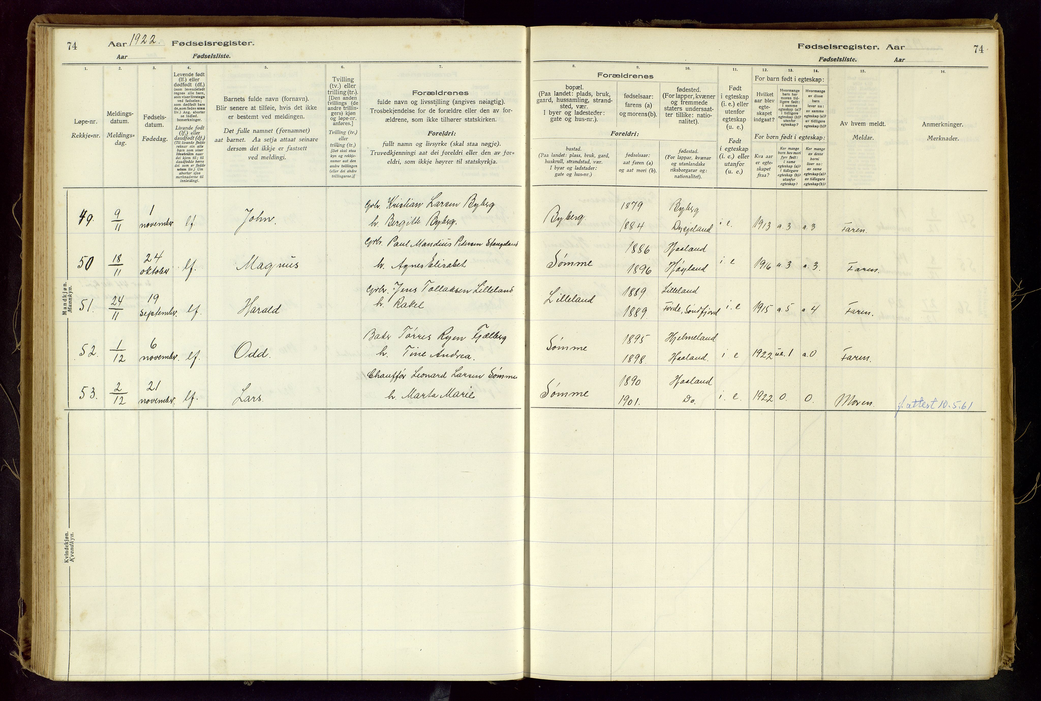 Håland sokneprestkontor, AV/SAST-A-101802/001/704BA/L0001: Birth register no. 1, 1916-1936, p. 74