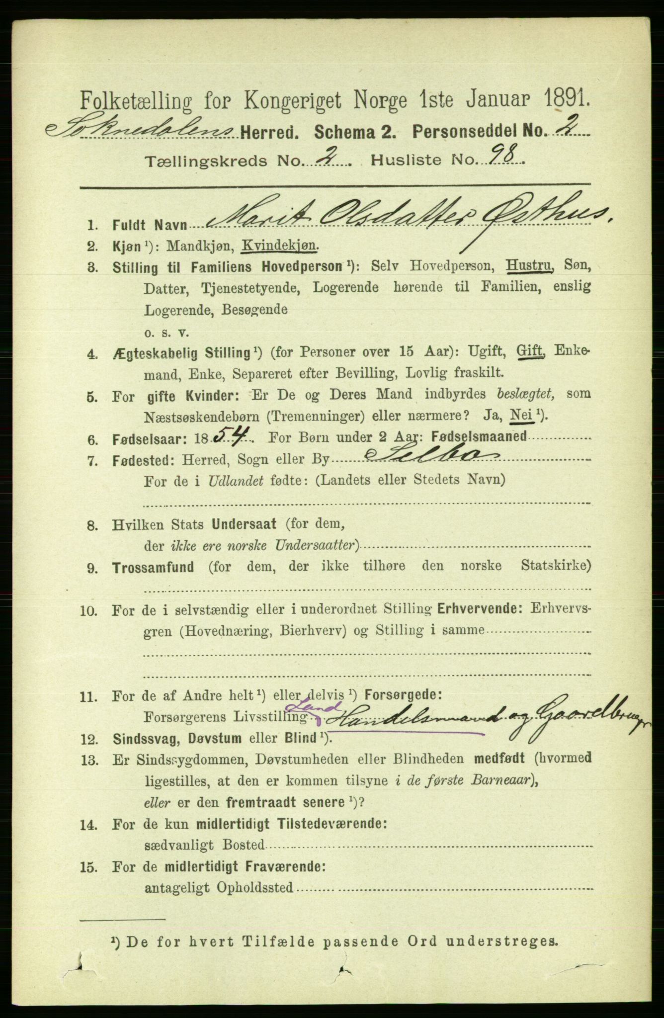 RA, 1891 census for 1649 Soknedal, 1891, p. 1086