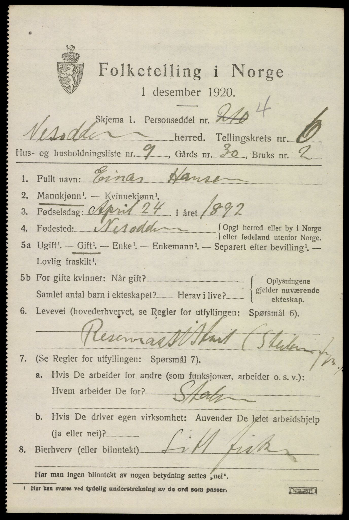 SAO, 1920 census for Nesodden, 1920, p. 5725