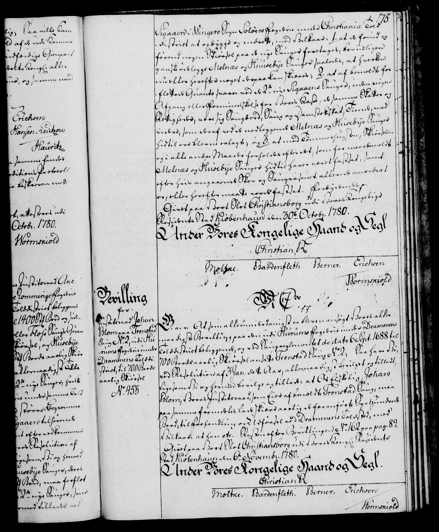 Rentekammeret, Kammerkanselliet, AV/RA-EA-3111/G/Gg/Gga/L0011: Norsk ekspedisjonsprotokoll med register (merket RK 53.11), 1779-1781, p. 175