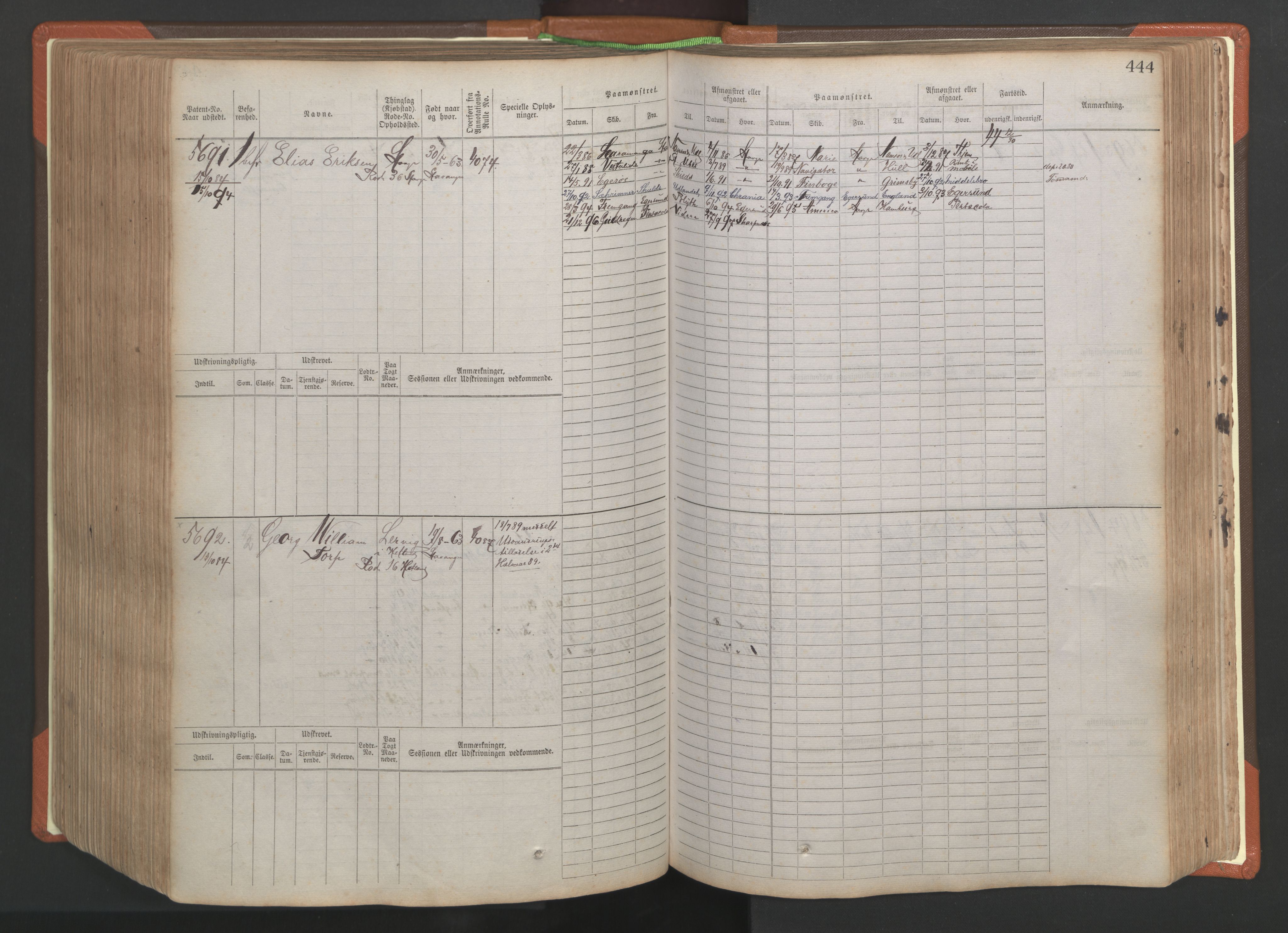 Stavanger sjømannskontor, AV/SAST-A-102006/F/Fb/Fbb/L0009: Sjøfartshovedrulle, patentnr. 4805-6006, 1879-1887, p. 450