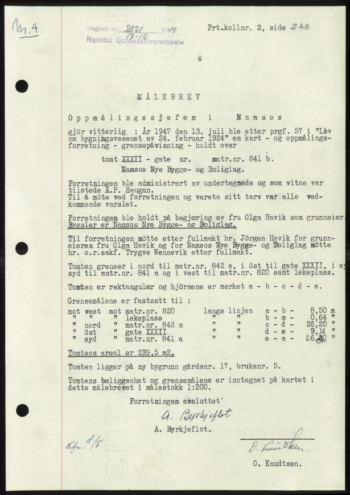 Namdal sorenskriveri, SAT/A-4133/1/2/2C: Mortgage book no. -, 1947-1948, Diary no: : 2821/1947